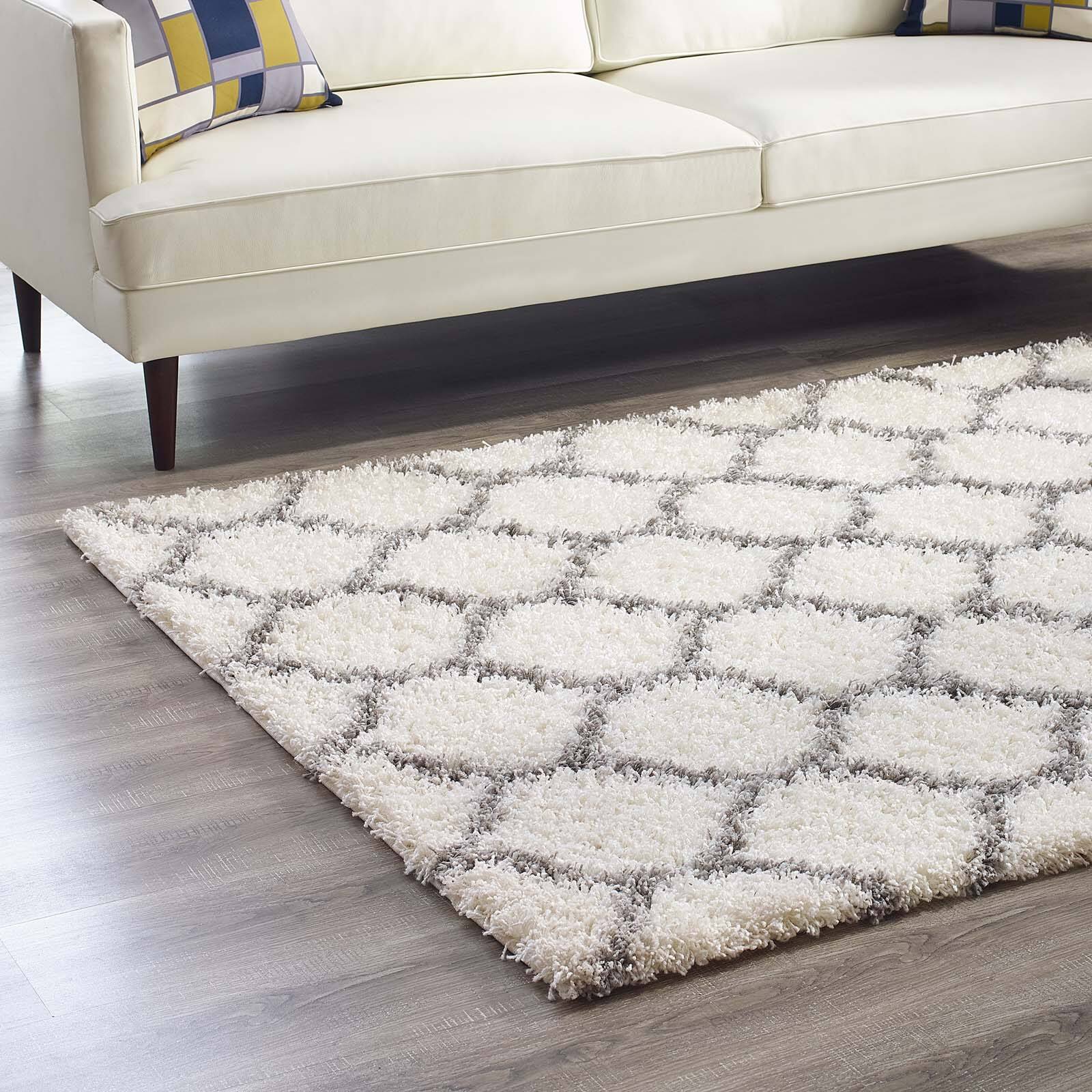 Back. Modway - Solvea Moroccan Trellis Shag Area Rug - Ivory and Gray.