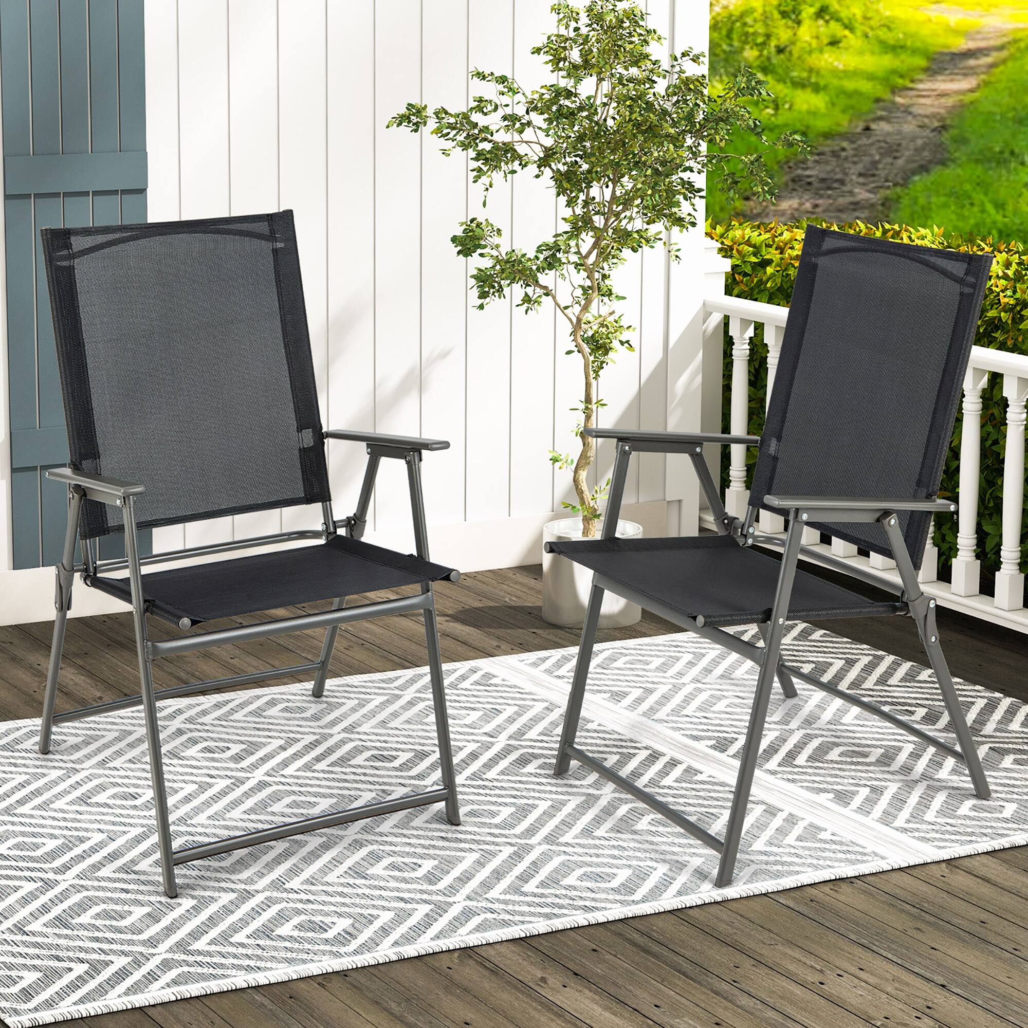 Alt View 1. Costway - Costway 2pcs Patio Folding Portable Dining Chairs Metal Frame Armrests Garden Outdoor - Black.