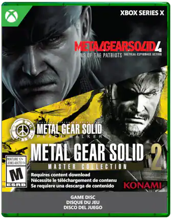 XBOX SERIES X
METAL GEAR SOLID 4 GUNS OF THE PATRIOTS TACTICAL ESPIONAGE ACTION
METAL GEAR SOLID PEACE WALKER
METAL GEAR SOLID 2 MASTER COLLECTION
MATURE 17+ JEUNES ADULTES 17+
Requires content download Nécessite le téléchargement de contenu Se requiere una descarga de contenido
KONAMI
GAME DISC DISQUE DU JEU DISCO DEL JUEGO - M (Mature 17+)