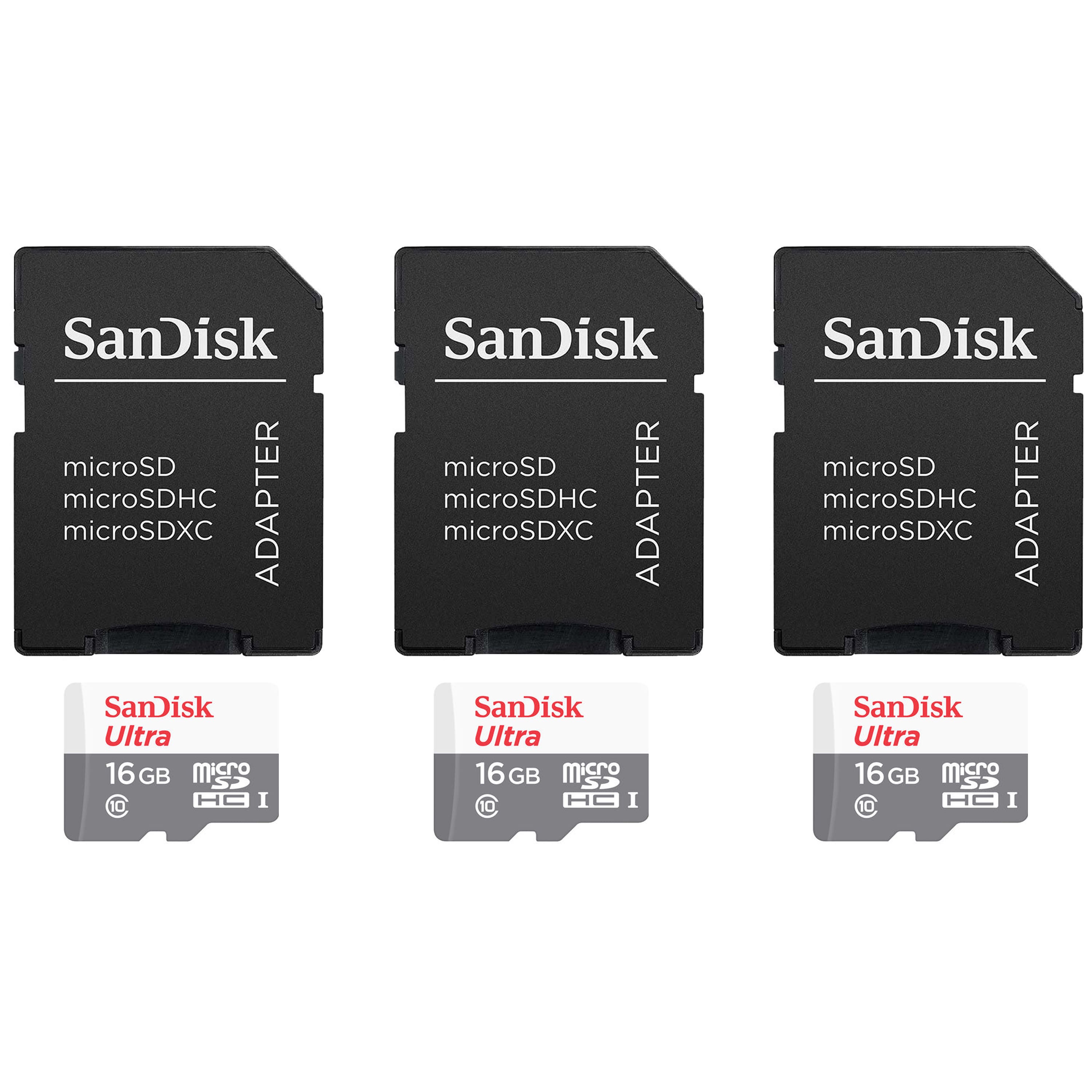 3 Units SanDisk 16GB Ultra UHS-I microSDHC Memory Card with SD Adapter
