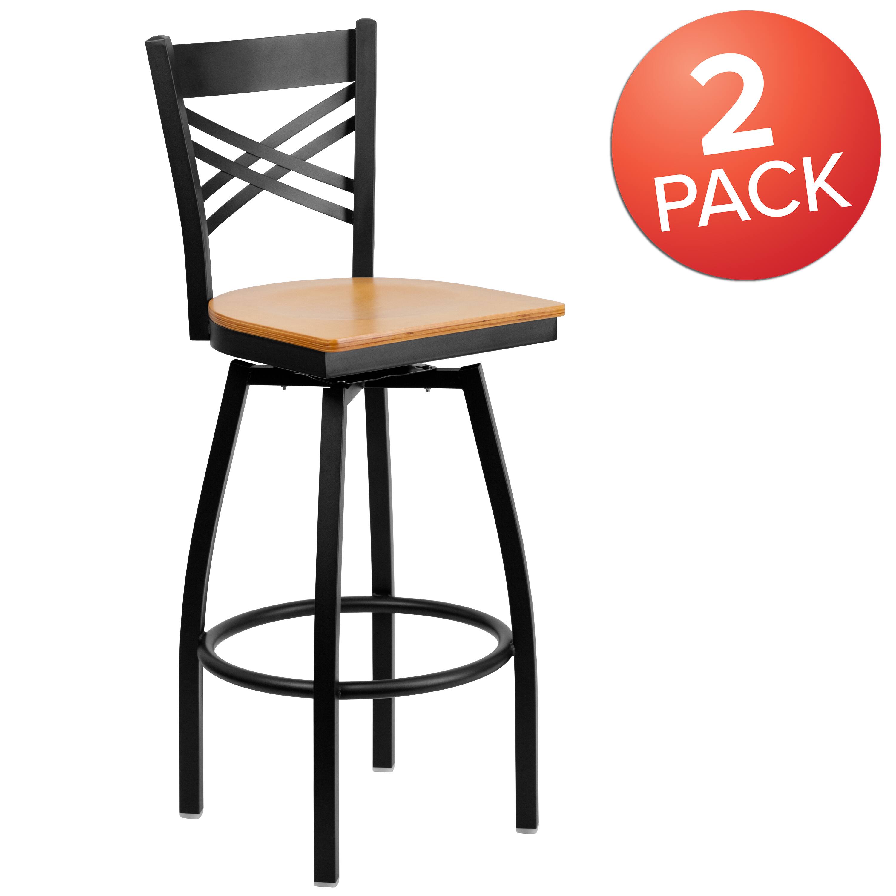 Alt View 1. Emma + Oliver - 2 Pack "X" Back Swivel Metal Barstool - Natural Wood Seat/Black Metal Frame.