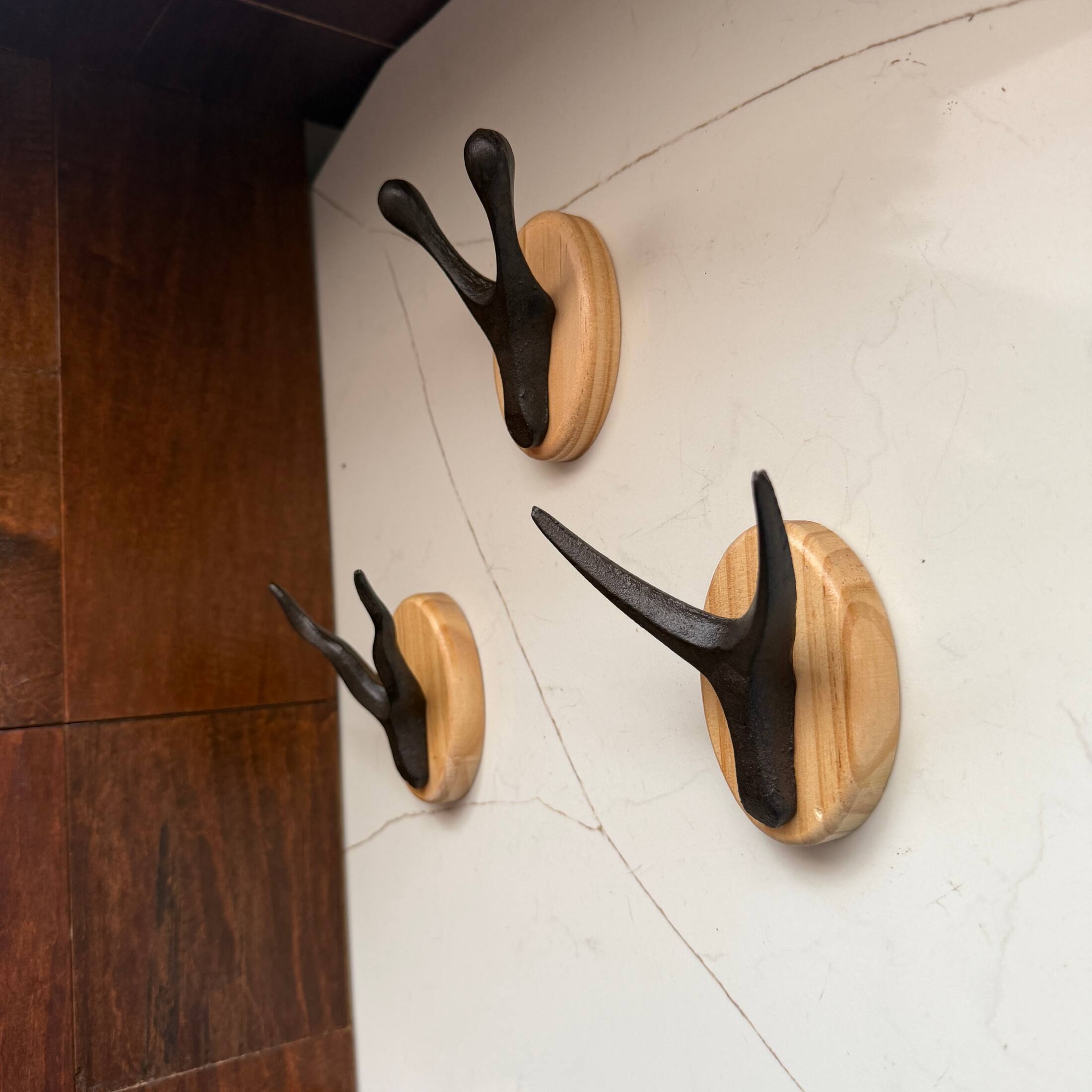 Alt View 4. Zeckos - Cast Iron Antler Wall Hook Set of 3 with Wood Backs Dark Brown 3.5 Inch - Dark Brown.