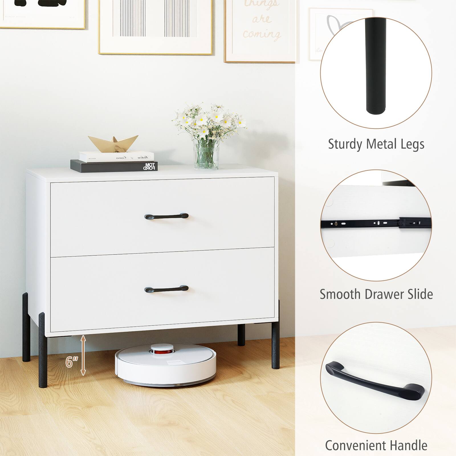 - Sturdy Metal Legs
- Smooth Drawer Slide
- Convenient Handle