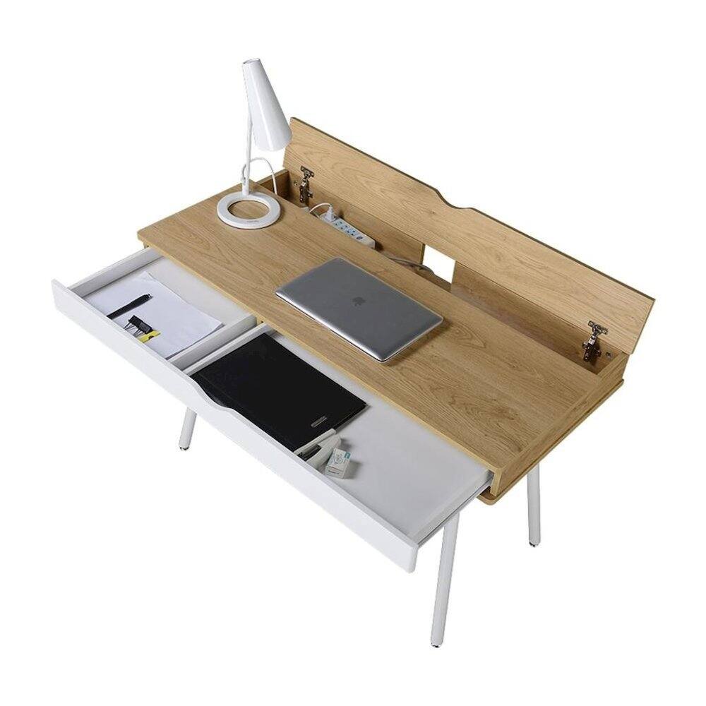 Alt View 2. FurniFact - Light Brown Wood Desk With 1 Drawer, White Frame Compact Writing Desk For Home - Green.