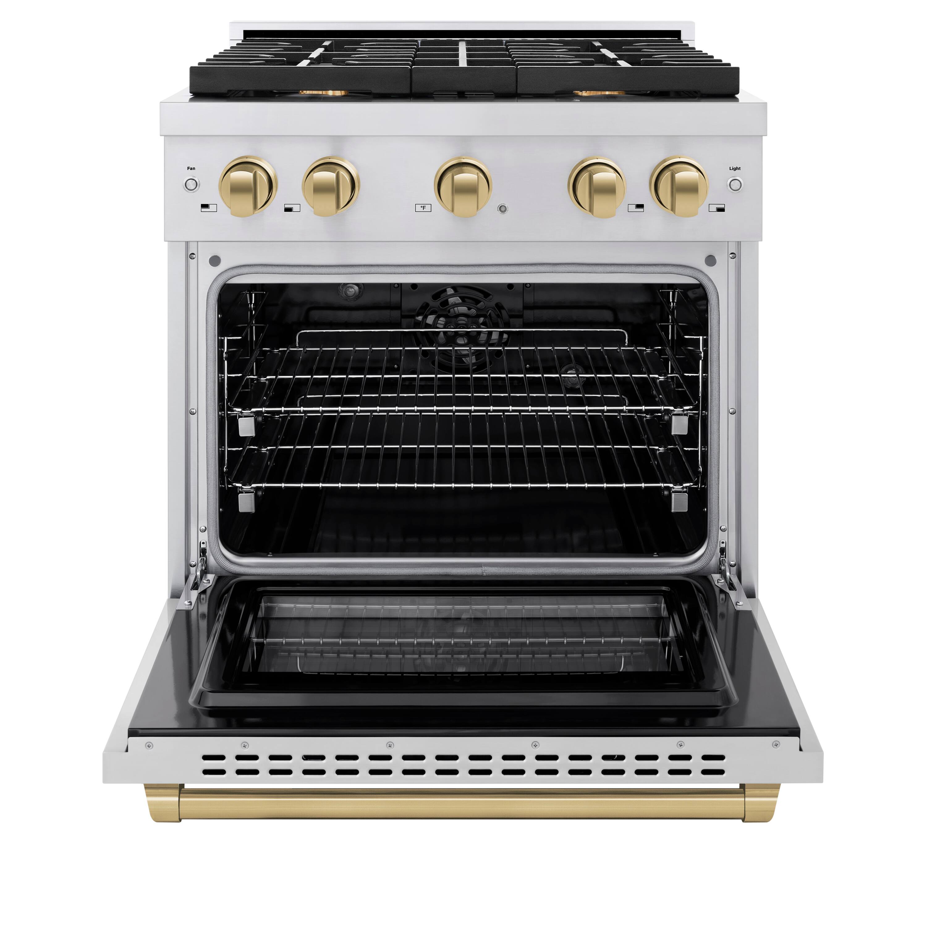 Angle. ZLINE - ZLINE Autograph 30" Paramount Dual Fuel Range w/ 4 Burners & Champagne Bronze Accents (SDRZ-30-CB) - Stainless Steel.