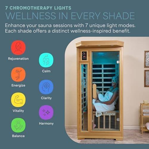7 CHROMOTHERAPY LIGHTS  
WELLNESS IN EVERY SHADE  

Enhance your sauna sessions with 7 unique light modes. Each shade offers a distinct wellness-inspired benefit.  

- Rejuvenation  
- Calm  
- Energize  
- Clarity  
- Vitality  
- Harmony  
- Balance  

lifePRO LONDON