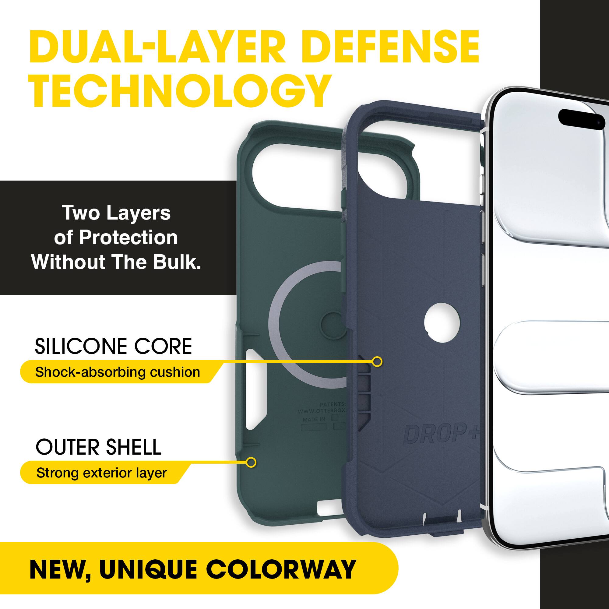 DUAL-LAYER DEFENSE TECHNOLOGY  
Two Layers of Protection Without The Bulk.  

SILICONE CORE  
Shock-absorbing cushion  

OUTER SHELL  
Strong exterior layer  

NEW, UNIQUE COLORWAY  

PATENTS WWW.OTTERBOX.COM  
MADE IN USA