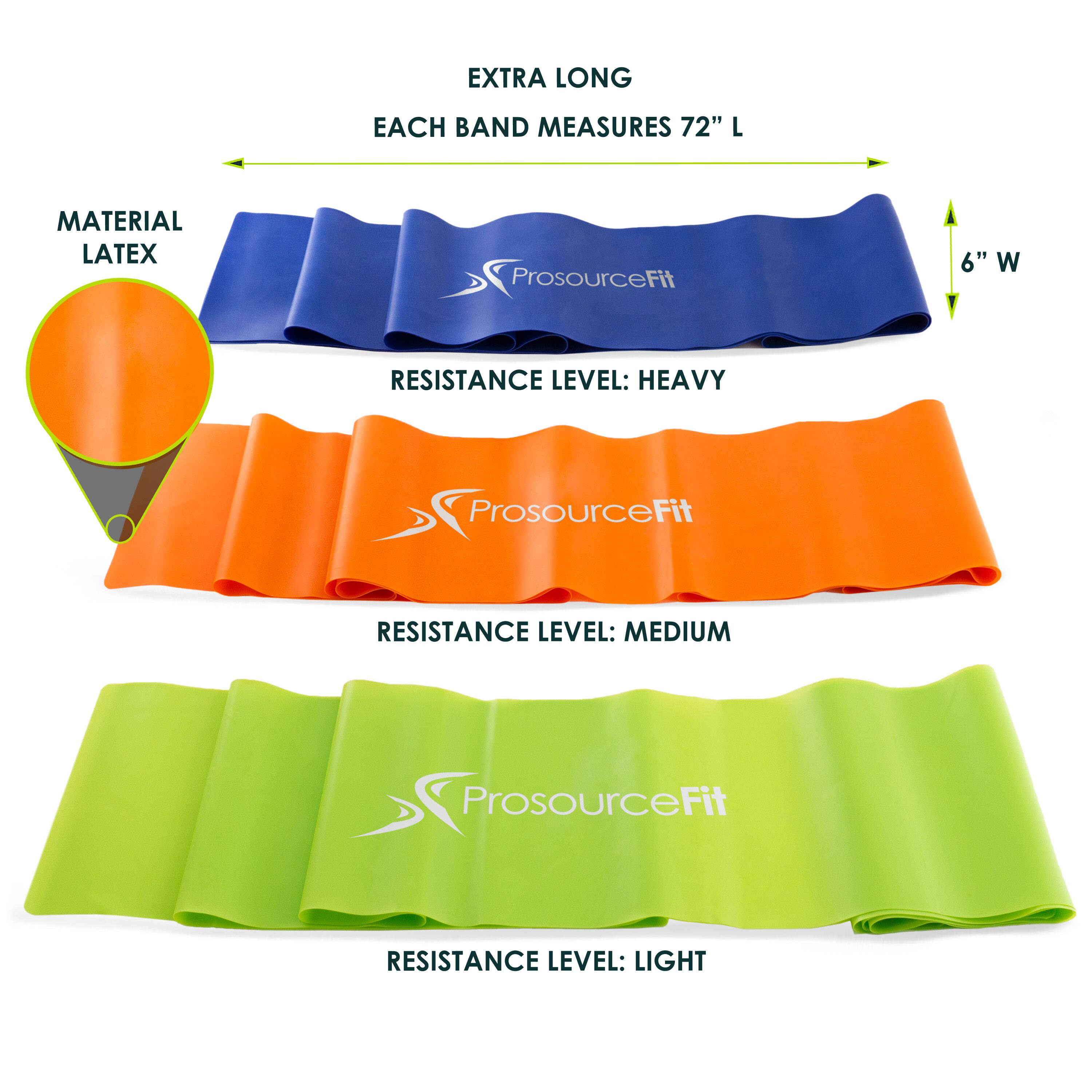 Extra Long, Each band measures 72" L, Material latex, 6" W, Resistance level: Heavy, Resistance level: Medium, Resistance level: Light