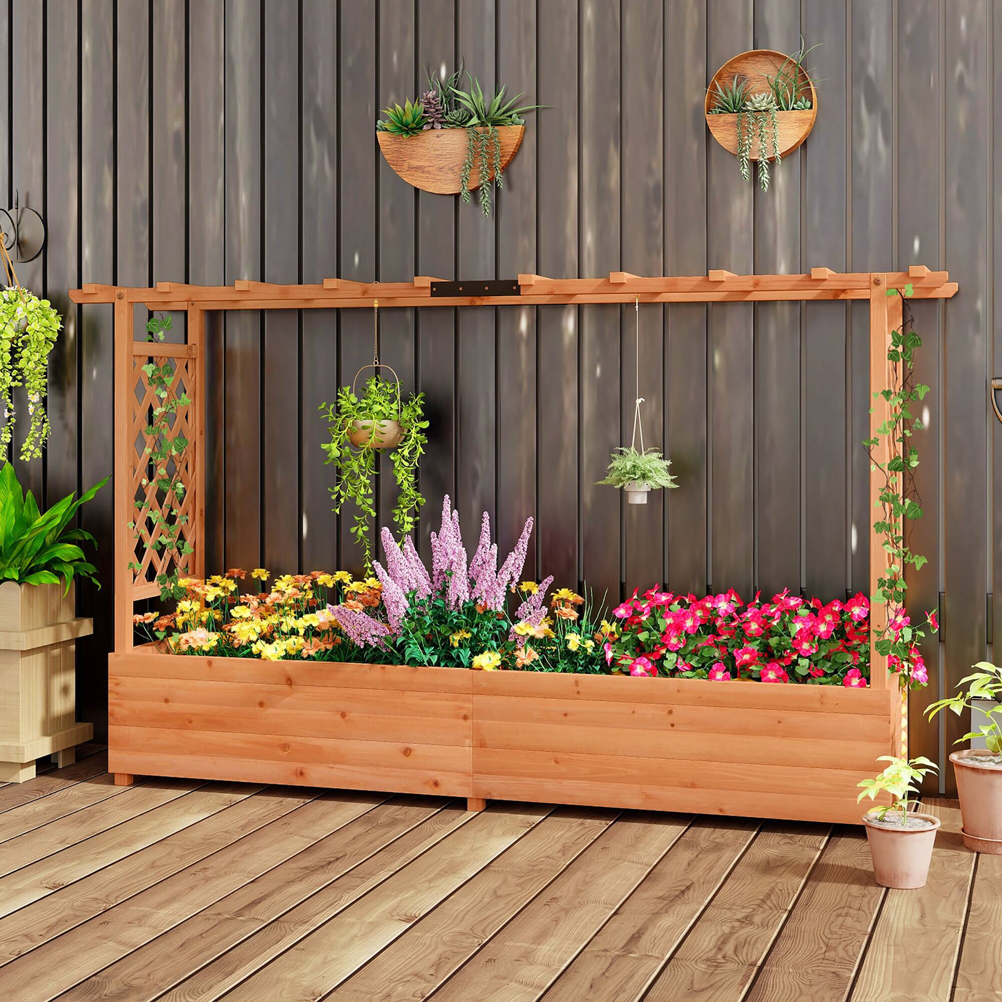 Alt View 4. Gymax - Gymax Raised Garden Bed w/ 2-Sided Trellis & Hanging Roof Fir Wood Planter Box w/ Drainage Holes - Orange.