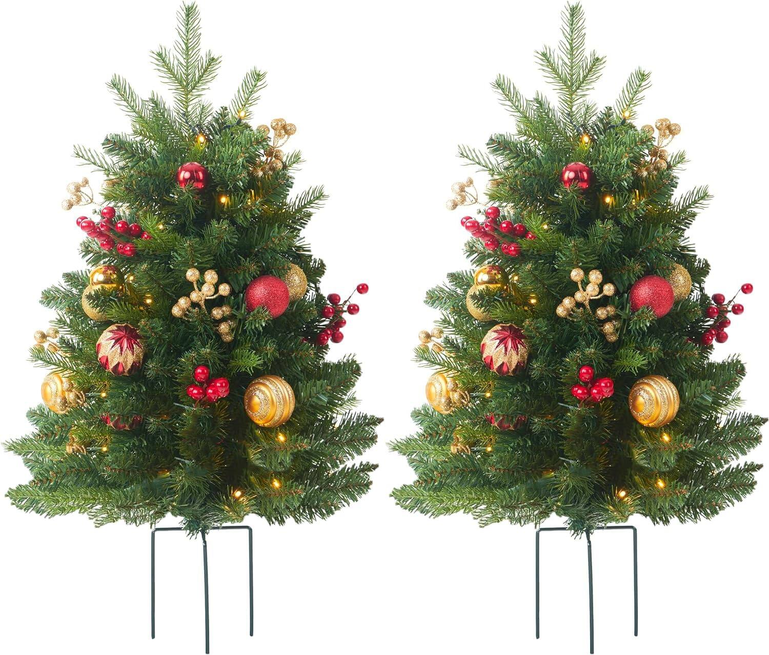 Front. Stylel Star - Christmas Tree 30 inch Prelit 2 Set Pathway Porch Christmas Trees Pre-Light LED Battery Operated Outdoor Xmas... - Red & Gold.