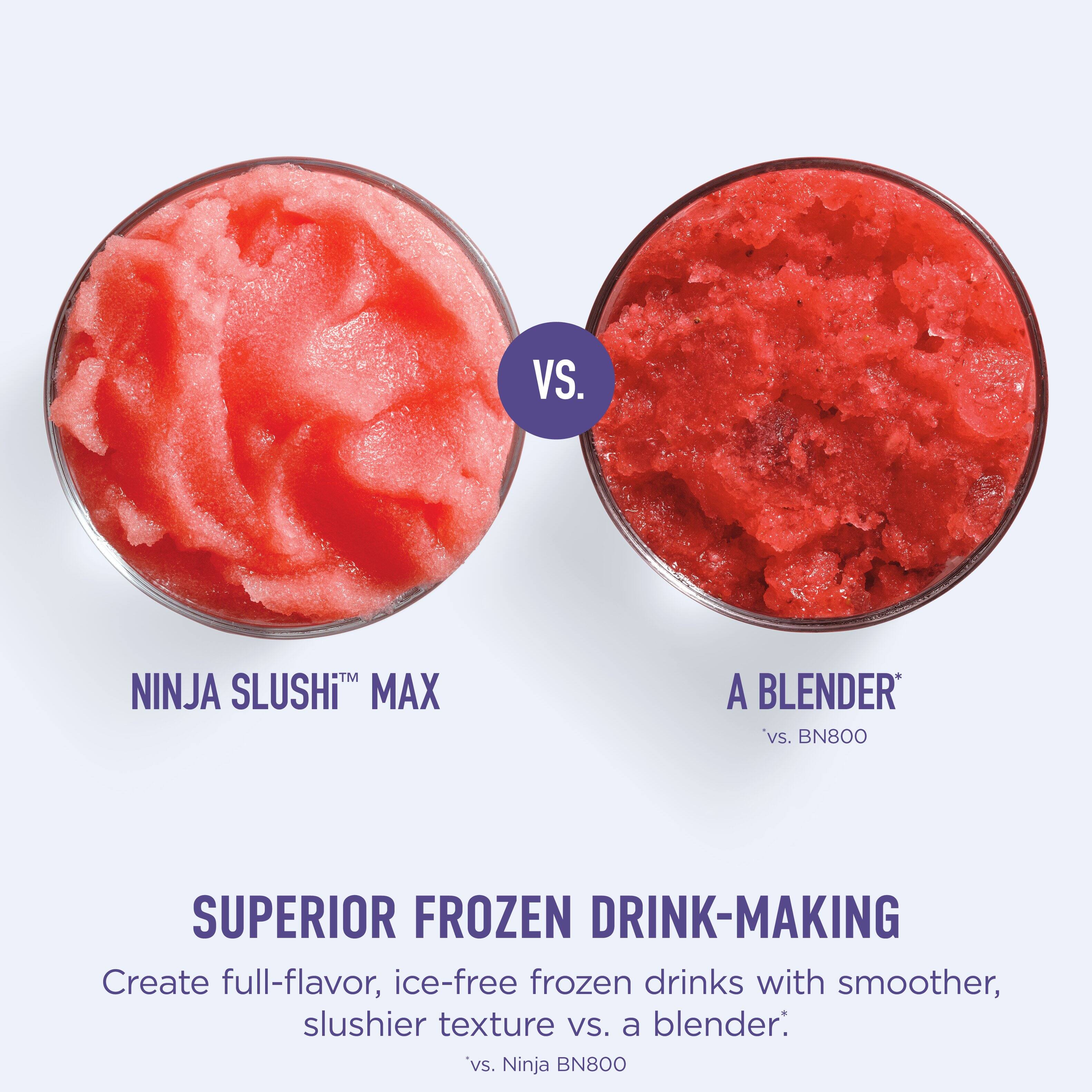 NINJA SLUSHI™ MAX  
vs. A BLENDER*  
vs. BN800  

SUPERIOR FROZEN DRINK-MAKING  
Create full-flavor, ice-free frozen drinks with smoother, slushier texture vs. a blender.*  
*vs. Ninja BN800