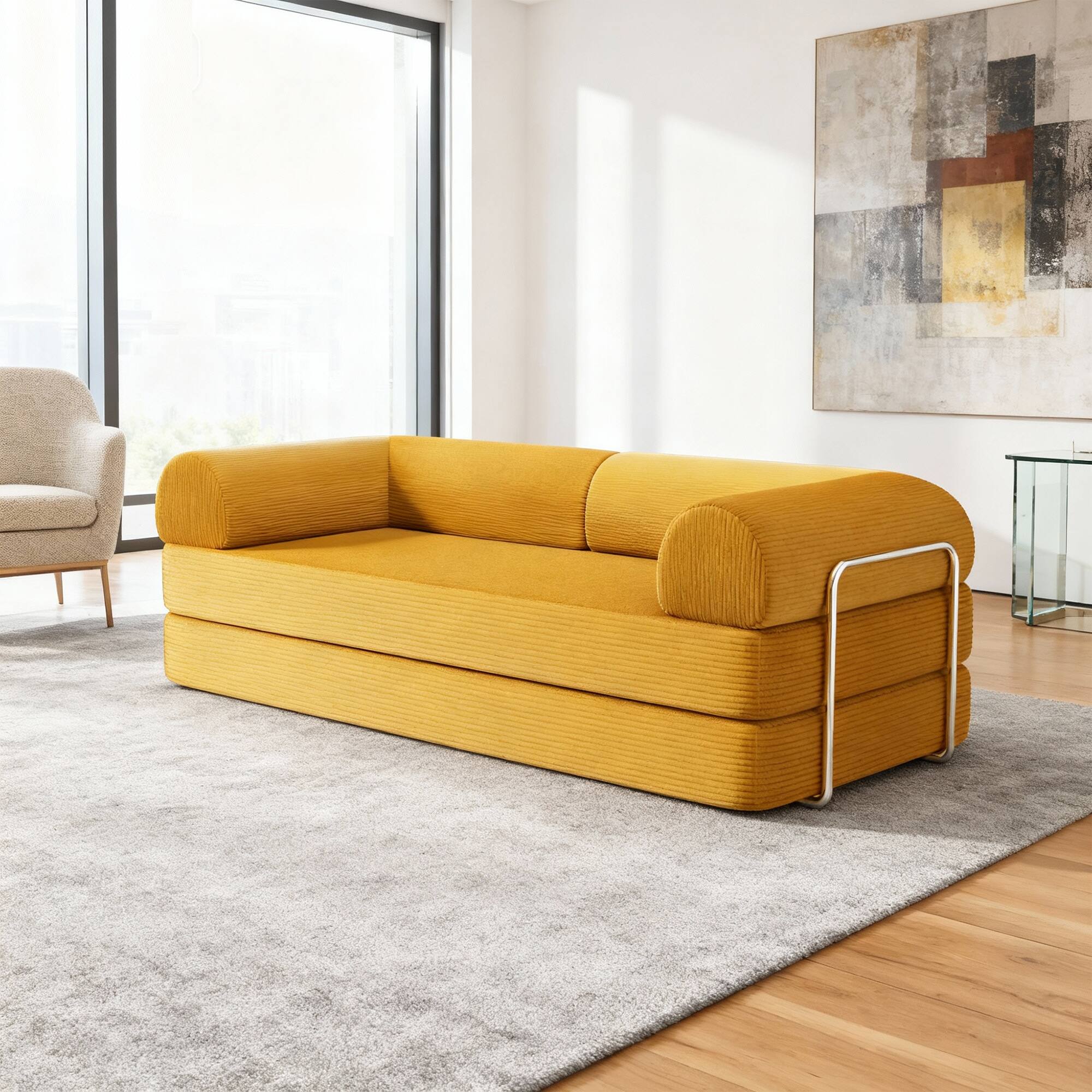 Angle. Vaczon - 79" Modular Convertible Sofa Bed with High-Density Foam and Corduroy Upholstery with Lumbar Pillow Included - Ginger.