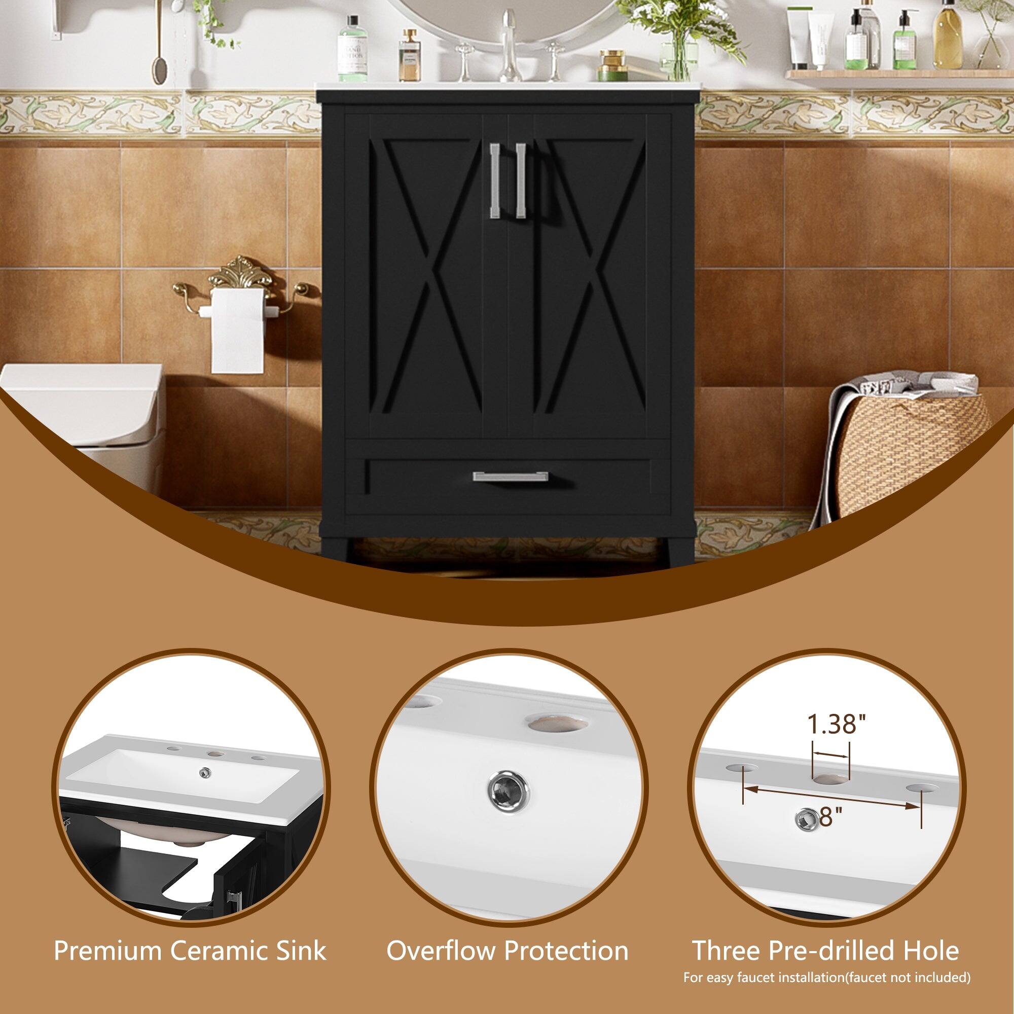 1.38" 8 Premium Ceramic Sink Overflow Protection Three Pre-drilled Hole For easy faucet installation (faucet not included)

Premium Ceramic Sink  
Overflow Protection  
Three Pre-drilled Hole  
For easy faucet installation (faucet not included)