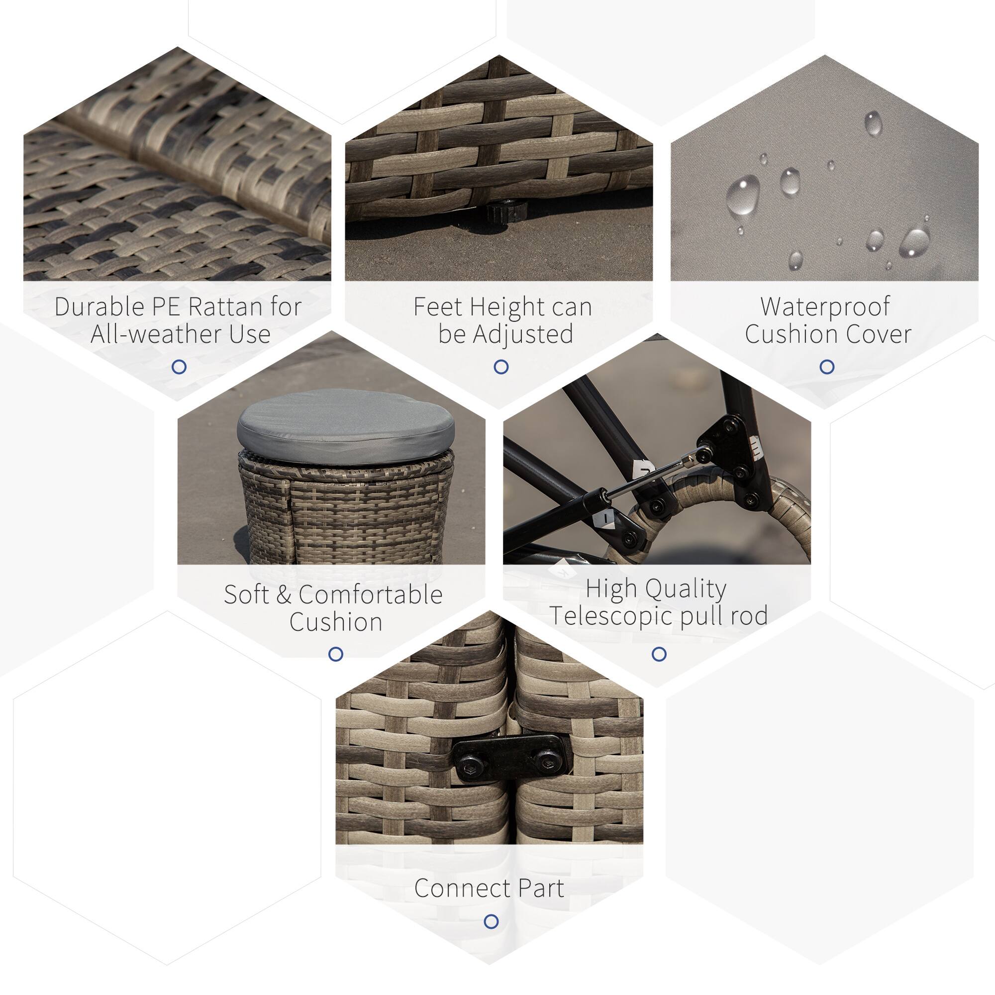 Durable PE Rattan for All-weather Use, Feet Height can be Adjusted, Waterproof Cushion Cover, Soft & Comfortable Cushion, High Quality Telescopic pull rod, Connect Part