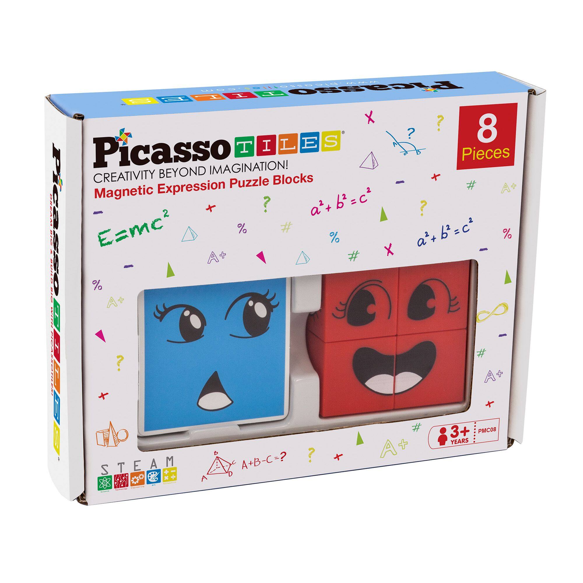 PicassoTiles  
Creativity Beyond Imagination!  
Magnetic Expression Puzzle Blocks  

8 Pieces  

E=mc²  
a² + b² = c²  
a + b = c²  

STEAM  

3+ Years  
PMC08  

A + B - C = ?