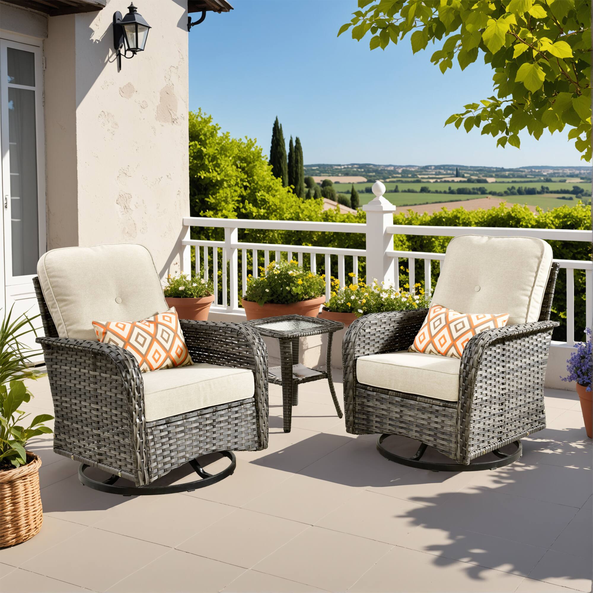 Front. Ovios - 3 PCS Outdoor Patio Furniture Set Swivel Rocking Chairs Wicker Glider Chairs with Side Table for Garden - Beige.