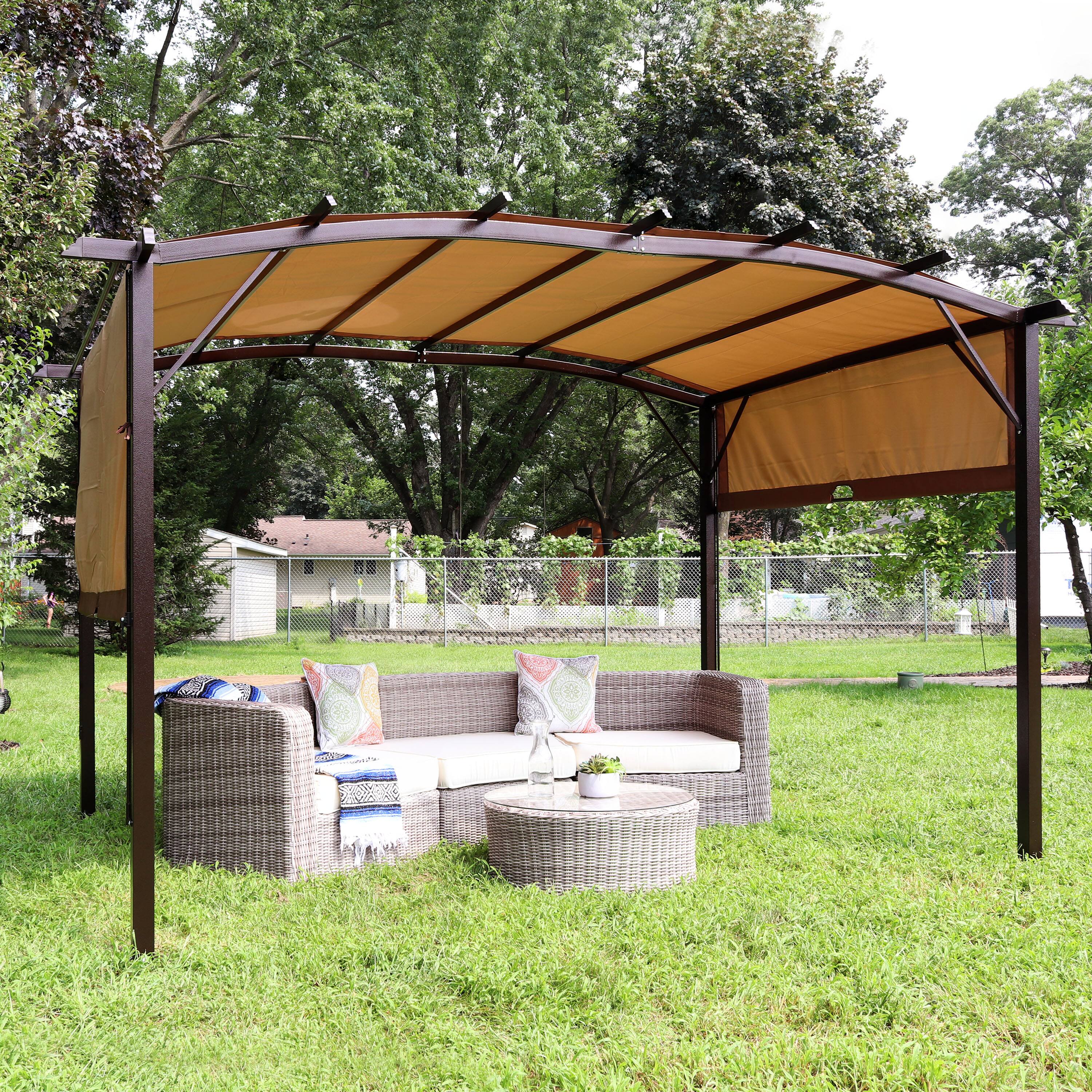 Alt View 4. Sunnydaze - 9 ft x 12 ft Metal Arched Pergola with Retractable Canopy - Tan.