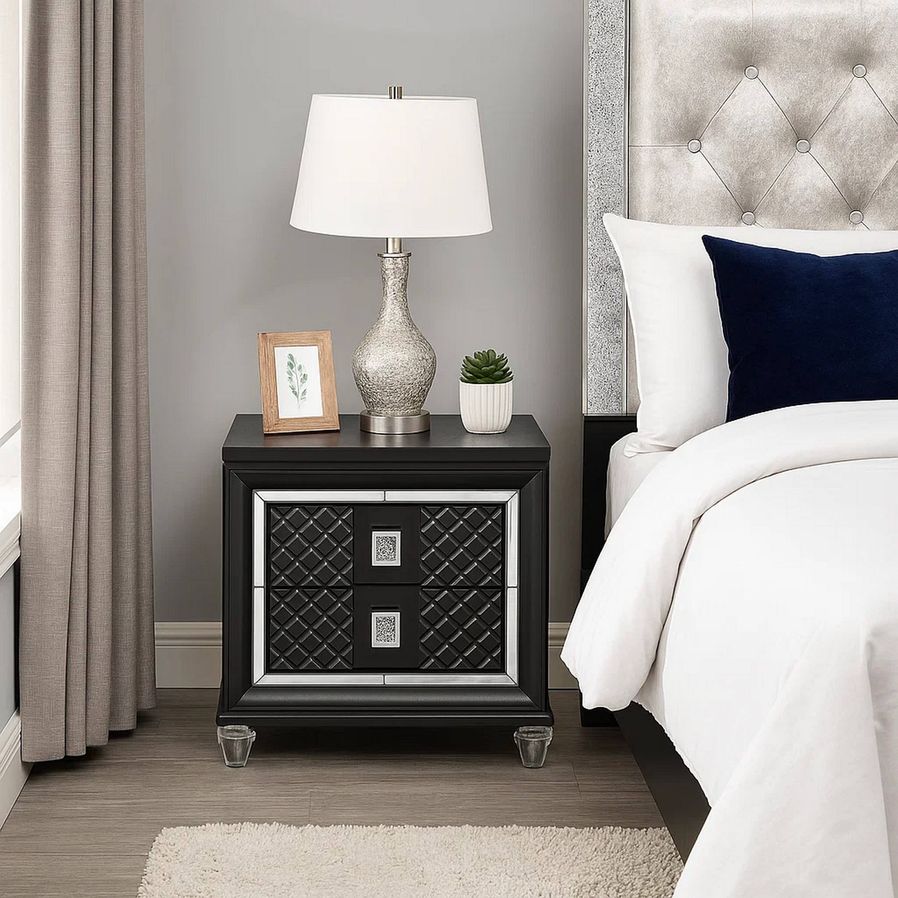 Alt View 5. Manhattan Lane - 2 Drawer Wooden Nightstand with Mirror Accents and Diamond Pattern - Black.
