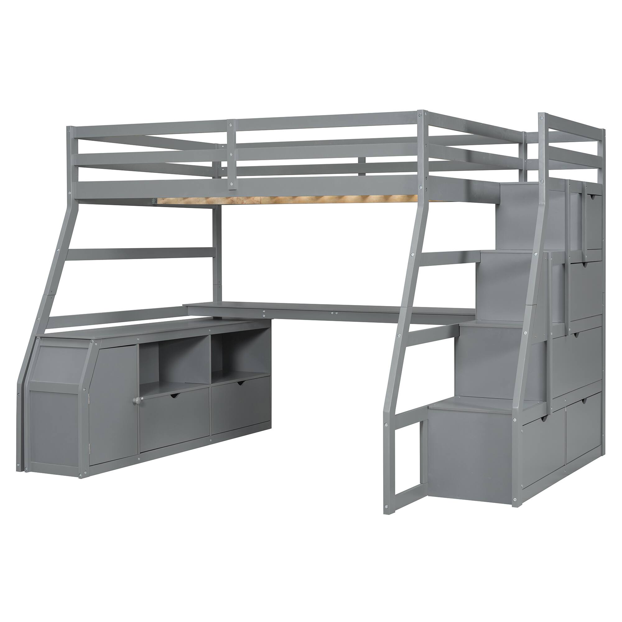 Alt View 1. Tiramisubest - Full Size Gray Loft Bed with 7 Drawers, 2 Shelves & Desk - Plywood, Sturdy & Uniquely Designed - Gray.