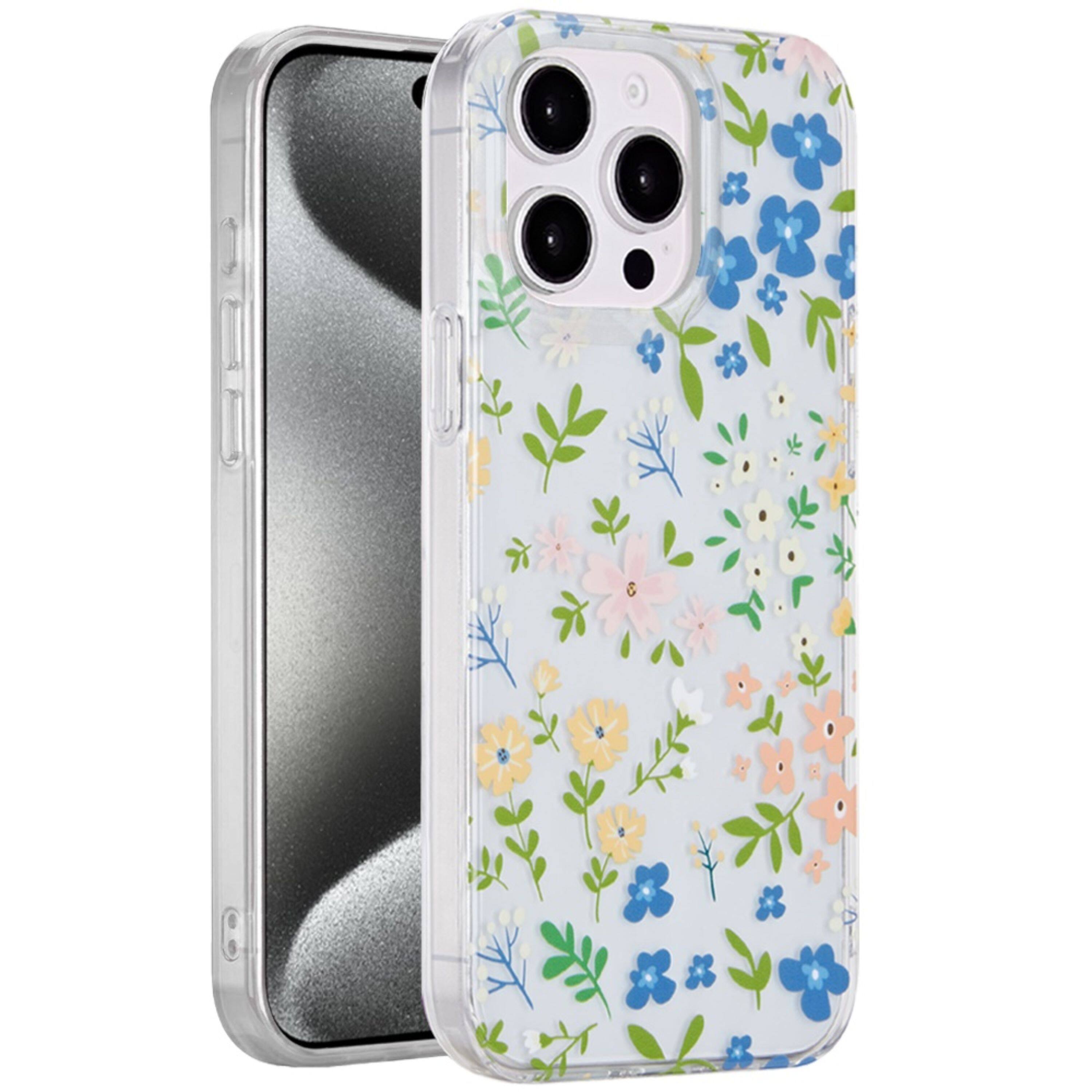 Left. Kitcheniva - Dual Layer TPU Protective Case With Tempered Glass For iPhone 15 Pro Max Multicolor Floral - Multicolor.