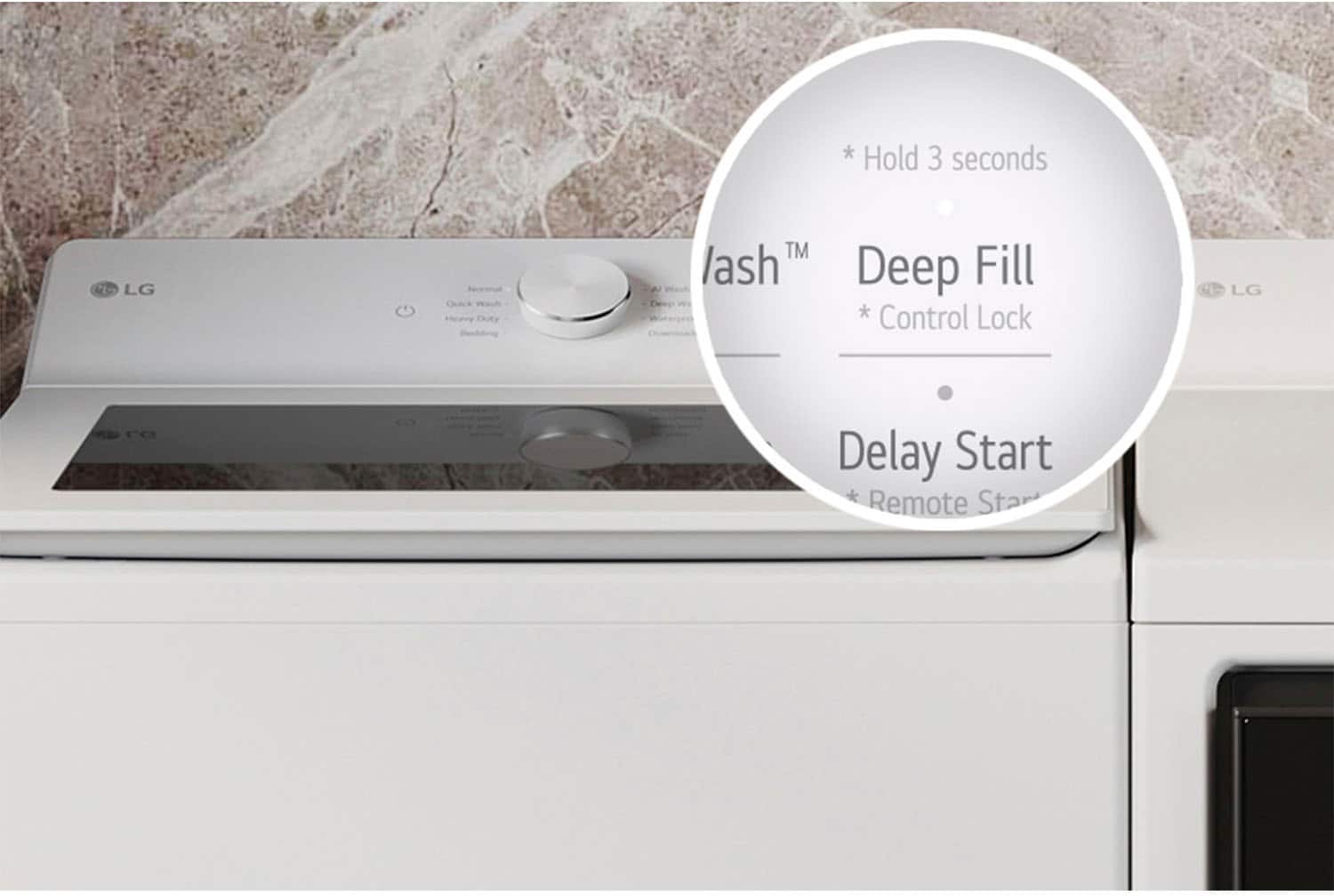 * Hold 3 seconds on the LG Ouics to activate Deep Fill.
* Control Lock is available on the LG appliance.
* Remote Start is also a feature on this LG appliance.