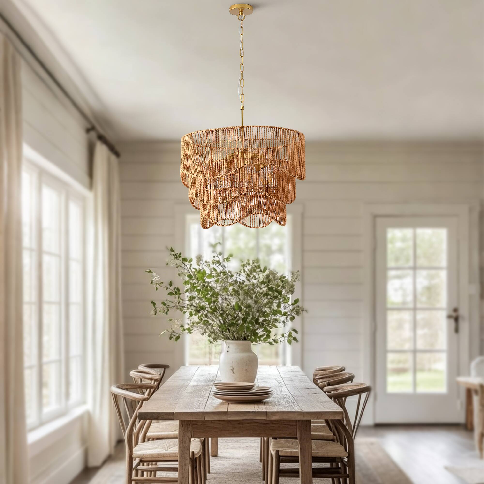 Angle. Malletson - 7-Light Boho Chandelier, Woven Rattan Style Pendant Light with Adjustable Height, E26 Ceiling Fixture for Dining Room.