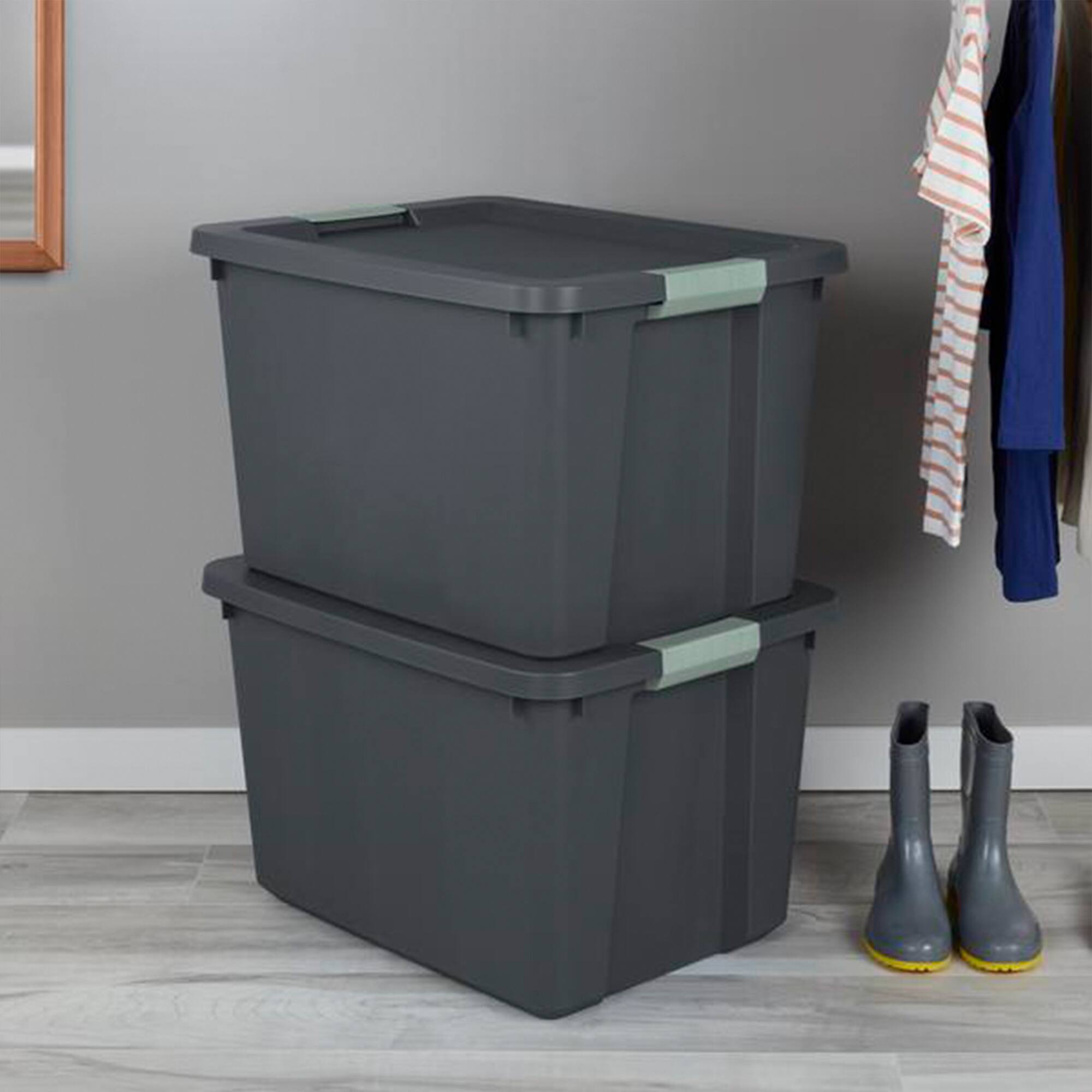 Alt View 3. Sterilite - Sterilite 6 Pack 20 Gallon Latch Tote, Stackable Plastic Storage Bin Container - Gray/Green.