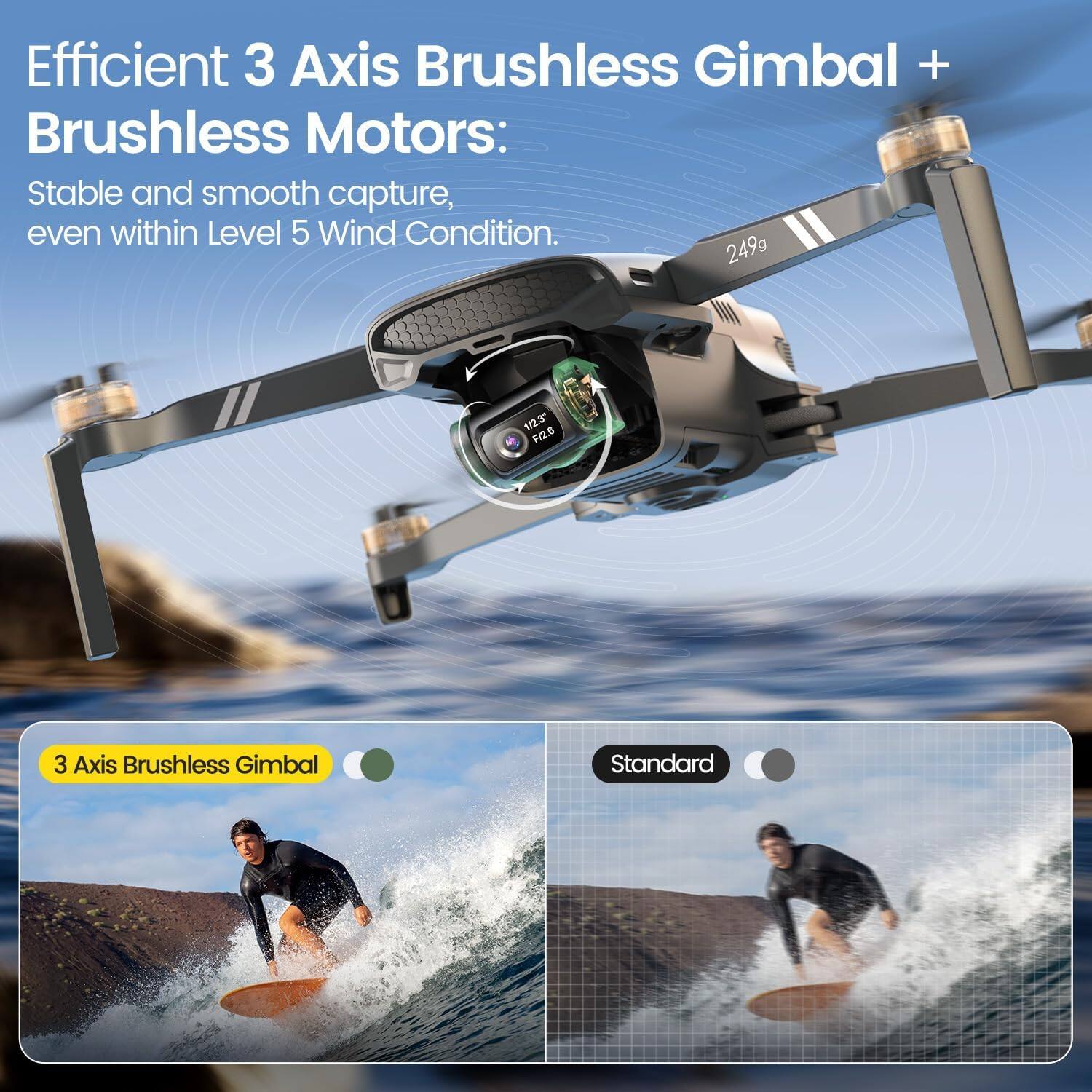 Efficient 3 Axis Brushless Gimbal + Brushless Motors: Stable and smooth capture, even within Level 5 Wind Condition. 249g

1/2.3" F/2.6

3 Axis Brushless Gimbal

Standard