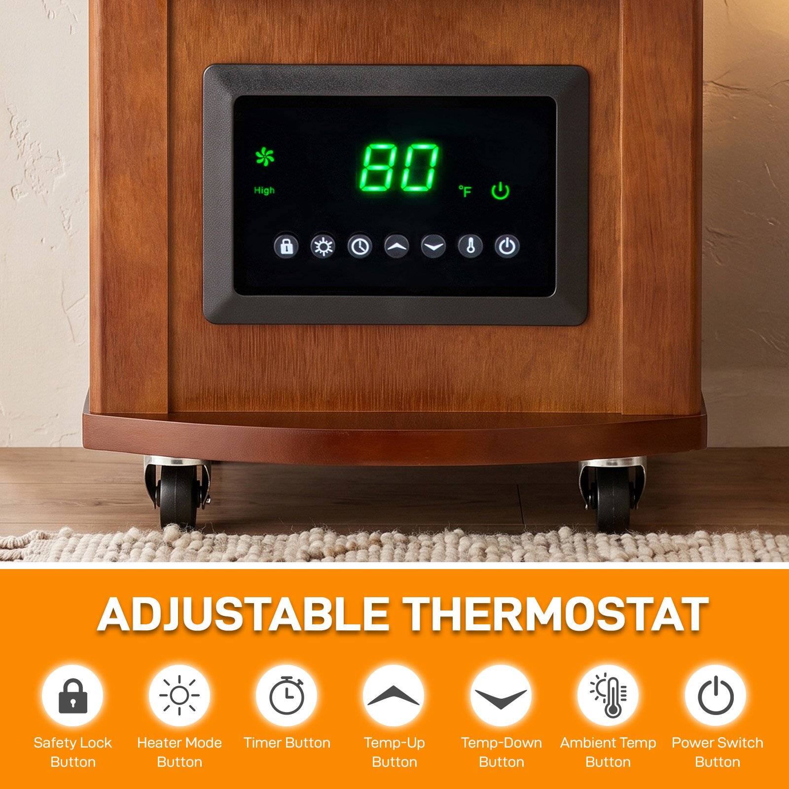 High  
80 F  

ADJUSTABLE THERMOSTAT  
Safety Lock Button  
Heater Mode Timer Button  
Temp-Up Temp-Down Ambient Temp Power Switch Button
