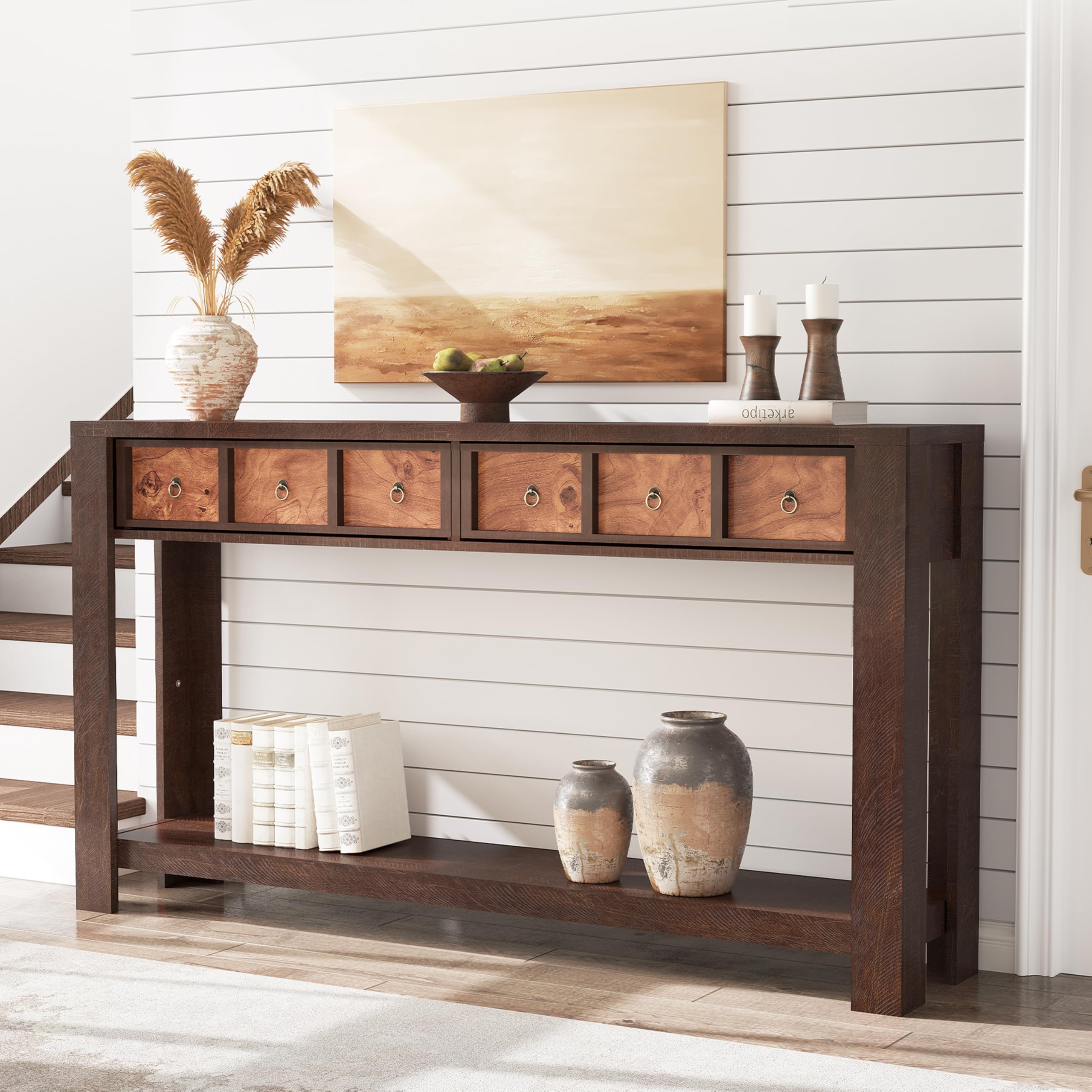 Left. Qeetex - 54-Inch Farmhouse Console Table, Wooden Entryway Table with 2 Drawers & Open Shelf for Living Room, Hallway & Foyer - Color Blocking.