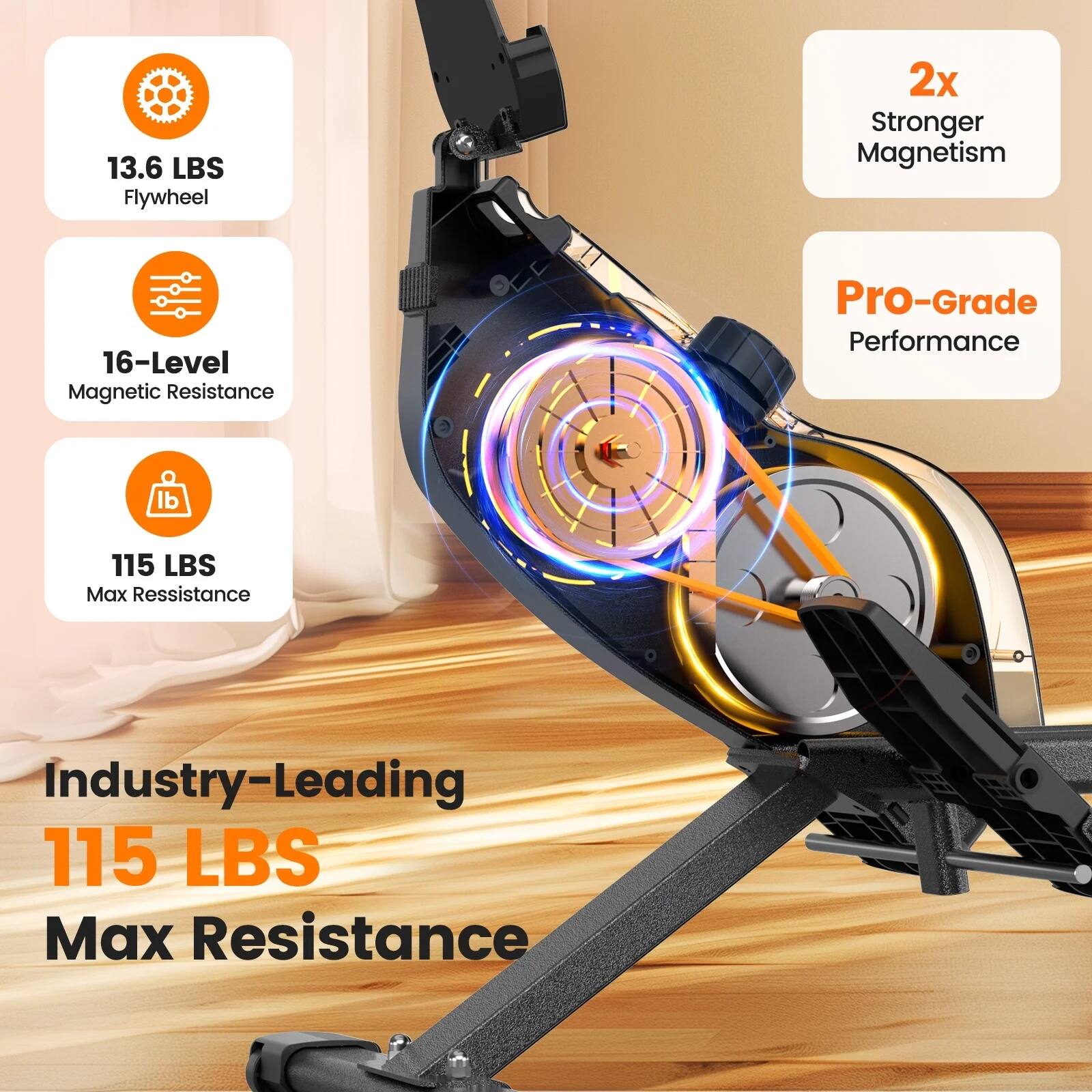 13.6 LBS Flywheel  
2x Stronger Magnetism  
16-Level Magnetic Resistance  
Pro-Grade Performance  
115 LBS Max Resistance  
Industry-Leading 115 LBS Max Resistance