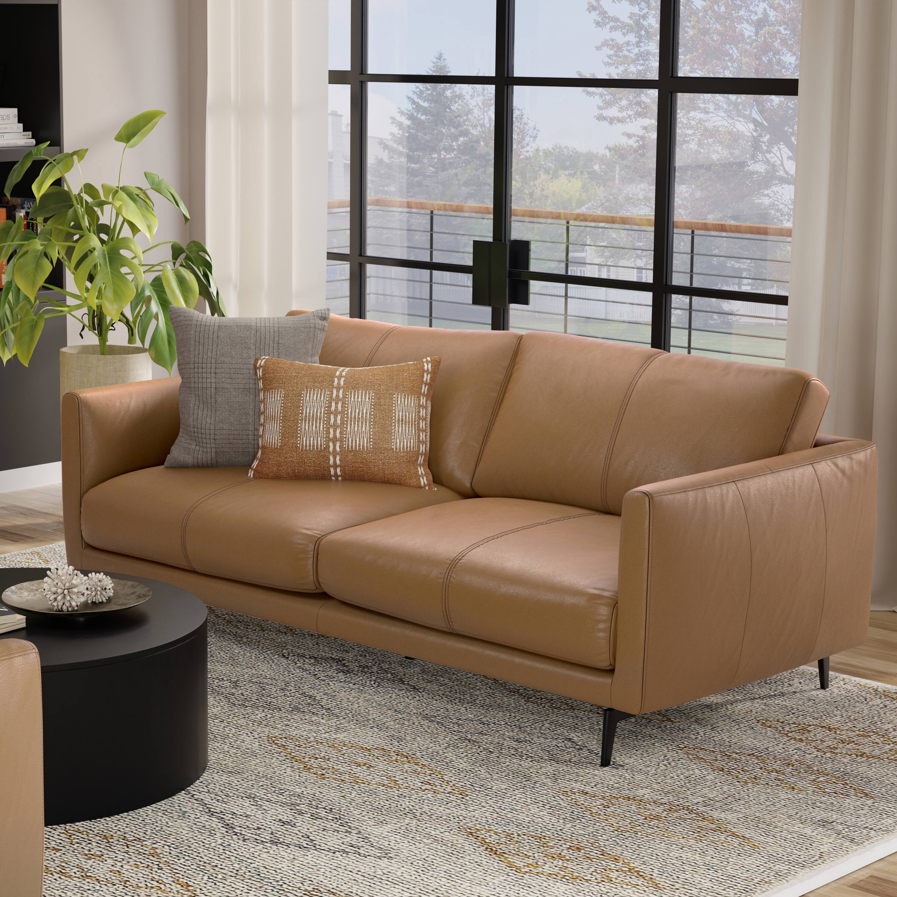 Angle. Simpli Home - Stevens Modern, Mid - Century 81 inch Wide Sofa in Butternut Brown Genuine Leather - Butternut Brown.