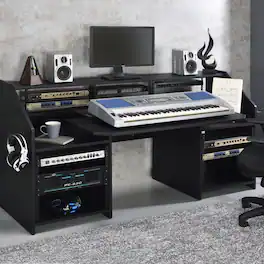 GOODSILO - Professional Music Studio Desk with Storage Shelves and Cable Management for Musicians and Composers - Black