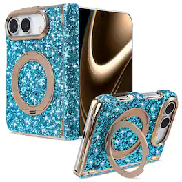 Dteck - Rotating Ring Kickstand for iPhone Duo 2026, Shockproof Magnetic Hinge Protection Bling Glitter Cover - Blue