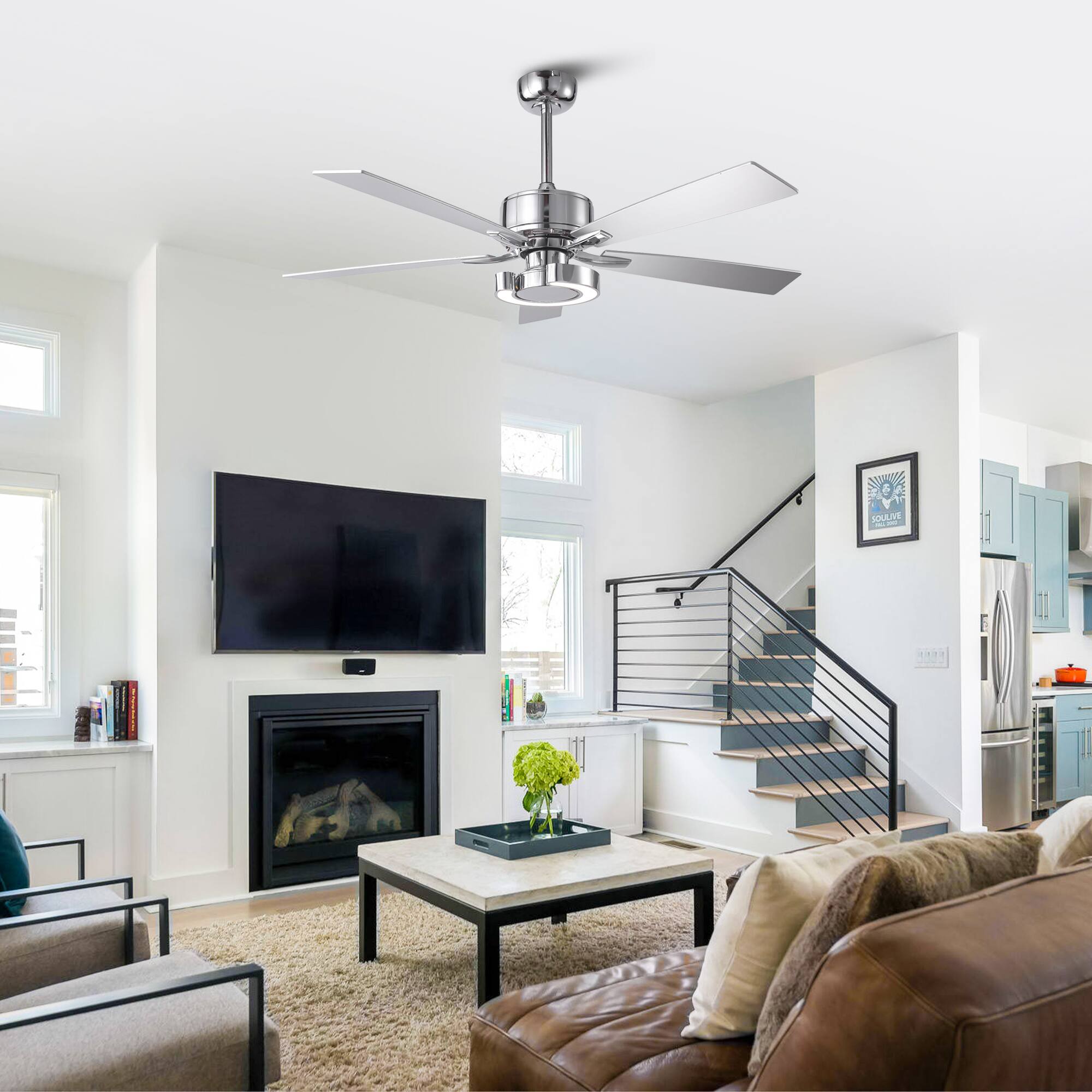 Left. Parrot Uncle - 52" Chrome Modern Dimmable LED Indoor Ceiling Fan with Light and Remote - Chrome.