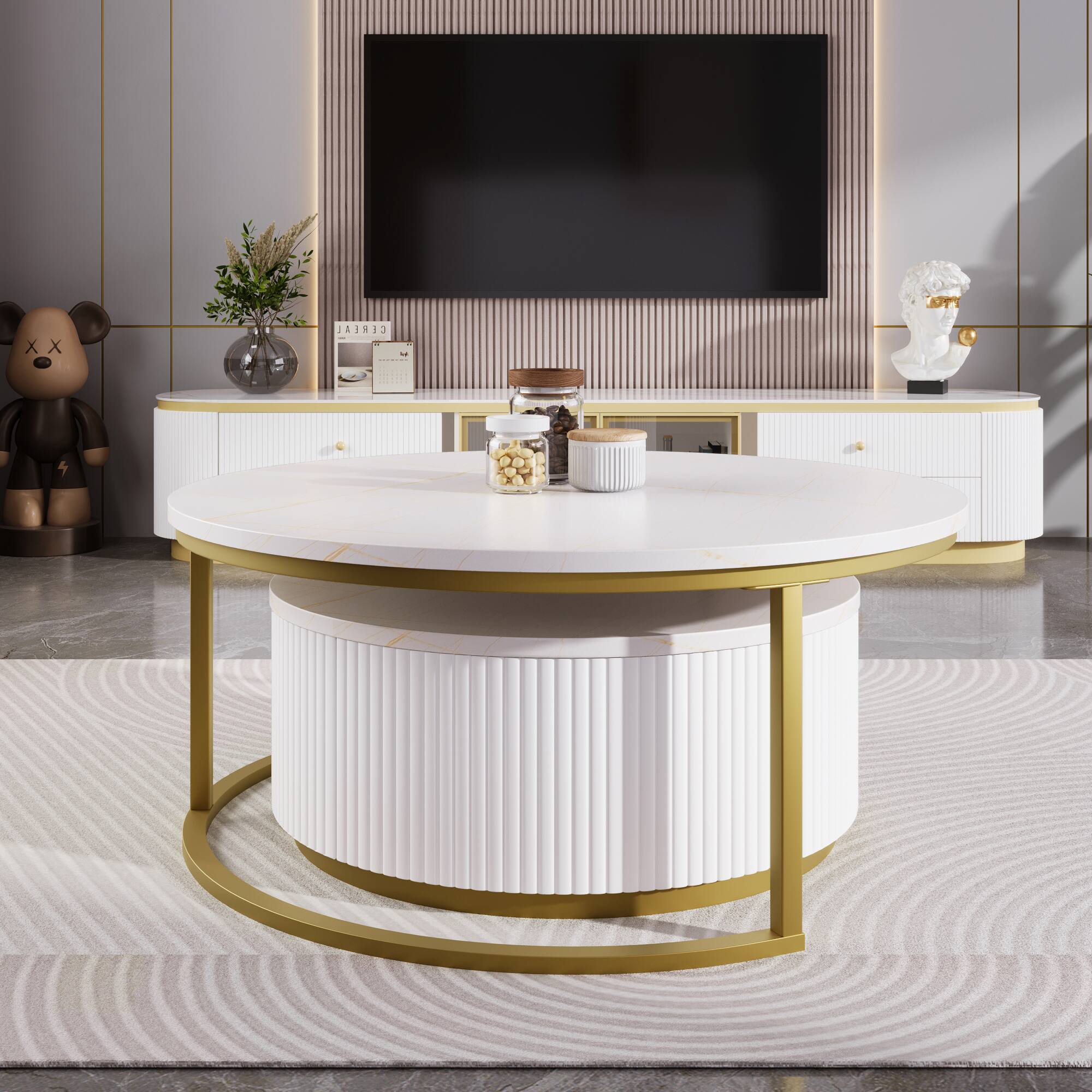 Angle. Tiramisubest - Modern Round Nesting Coffee Table Fluted with Drawer in White & Gold in 27.6" - White.