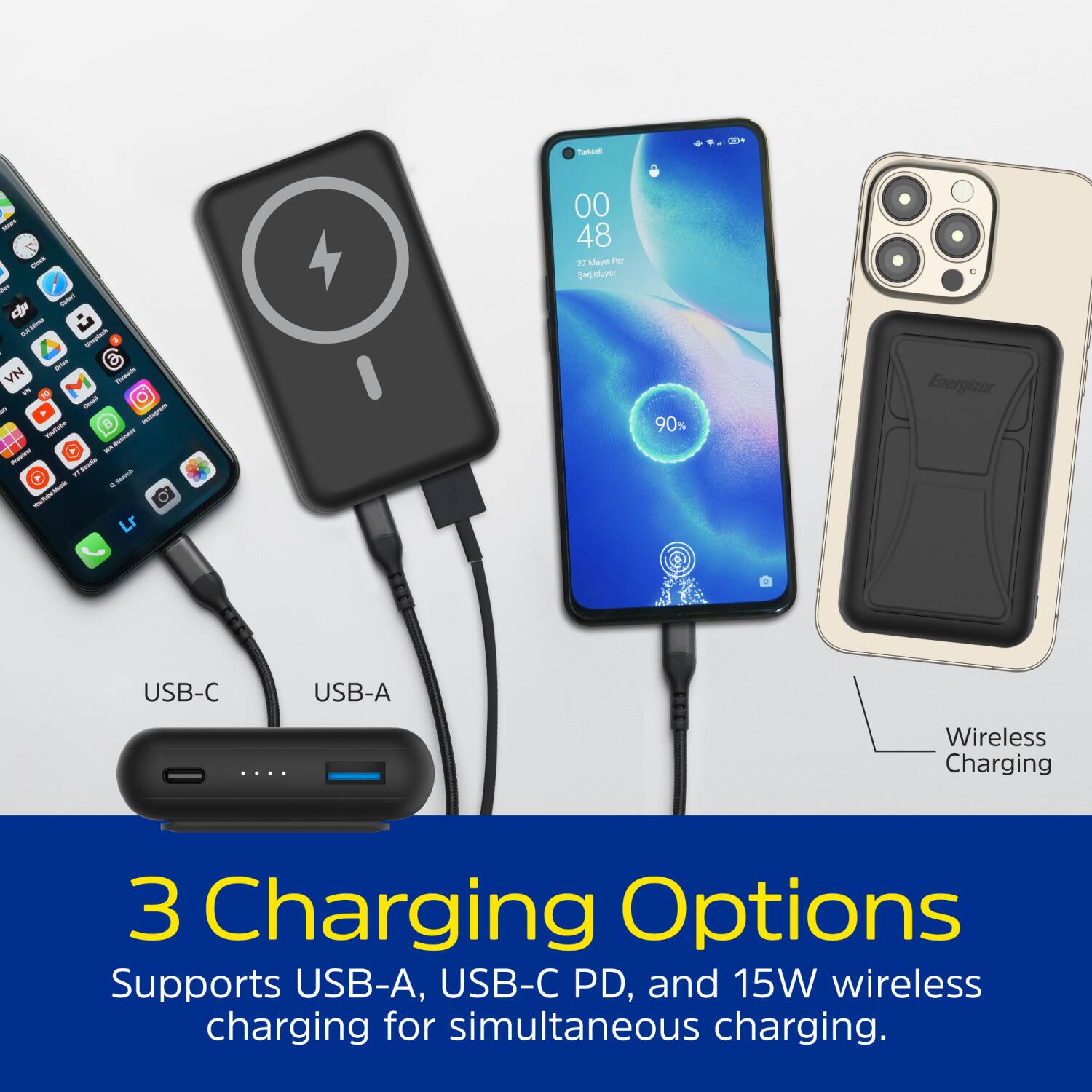 Energizer - USB-C USB-A Wireless Charging 3 Charging Options Supports USB-A, USB-C PD, and 15W wireless charging for simultaneous charging.