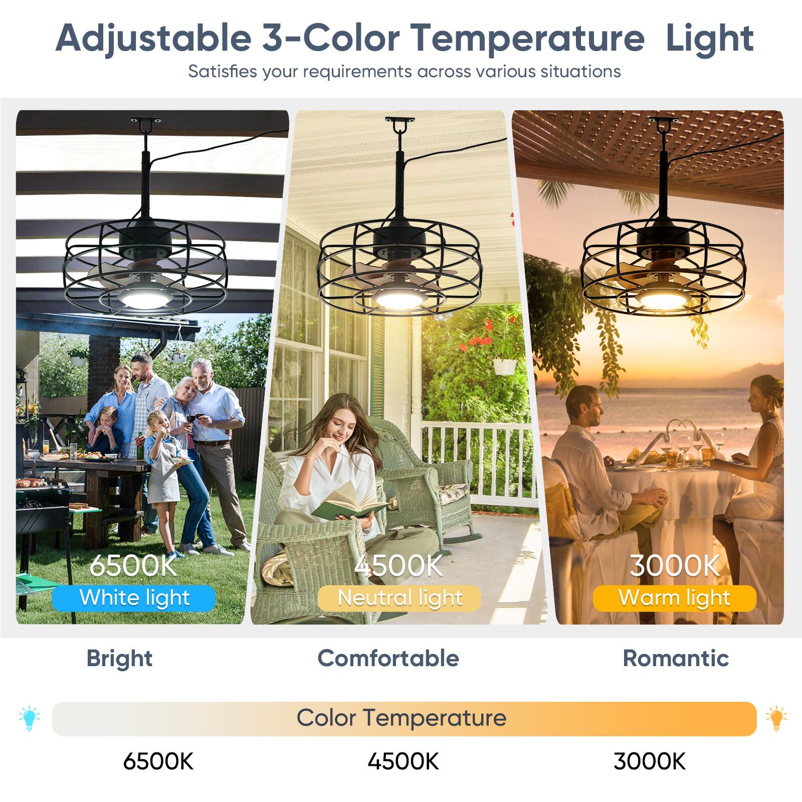 Adjustable 3-Color Temperature Light  
Satisfies your requirements across various situations  

6500K  
White light  
Bright  

4500K  
Neutral light  
Comfortable  

3000K  
Warm light  
Romantic  

Color Temperature  
6500K  
4500K  
3000K