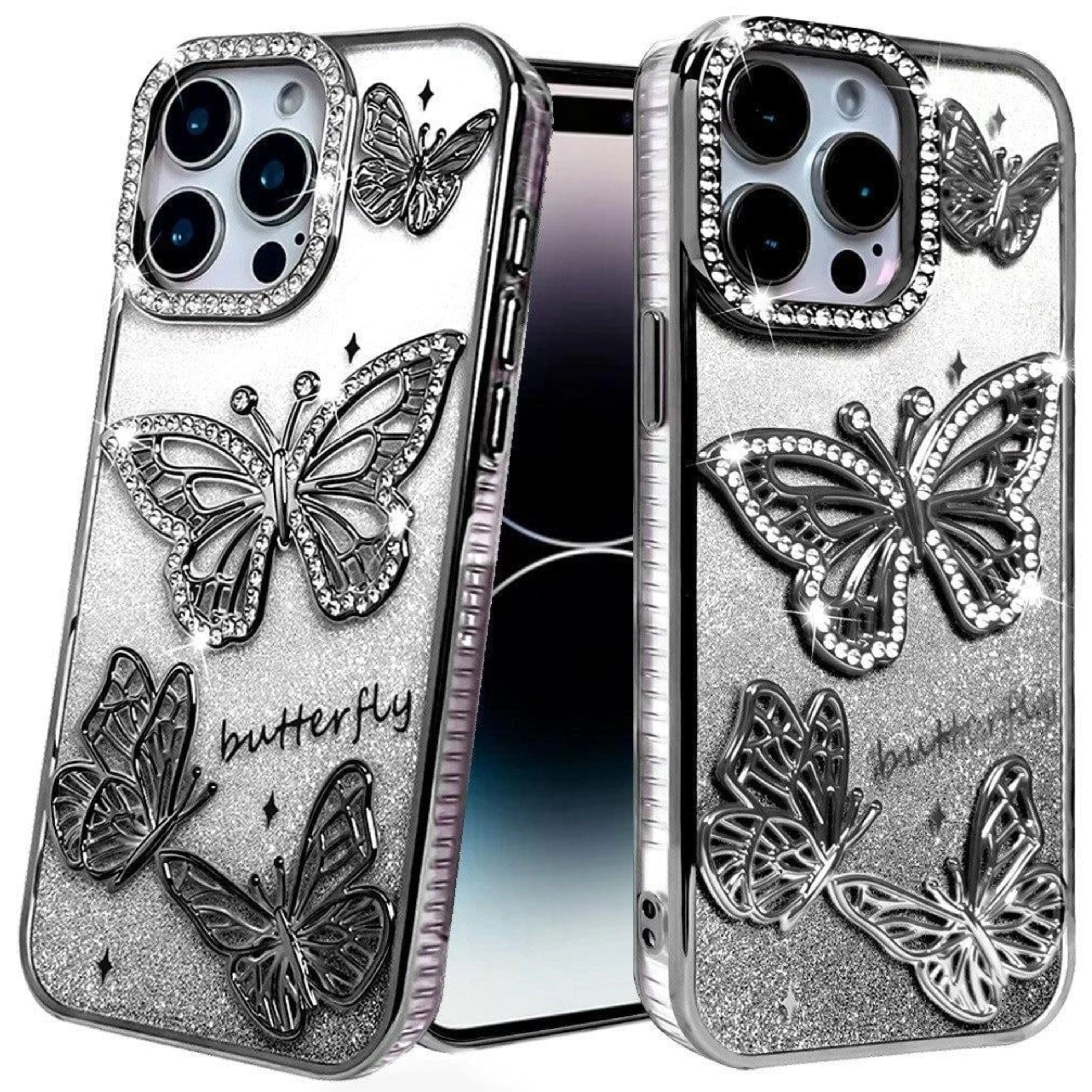 Kitcheniva - Bling Butterflies 3D Glitter Phone Cover For iPhone 14 Pro Max - Black