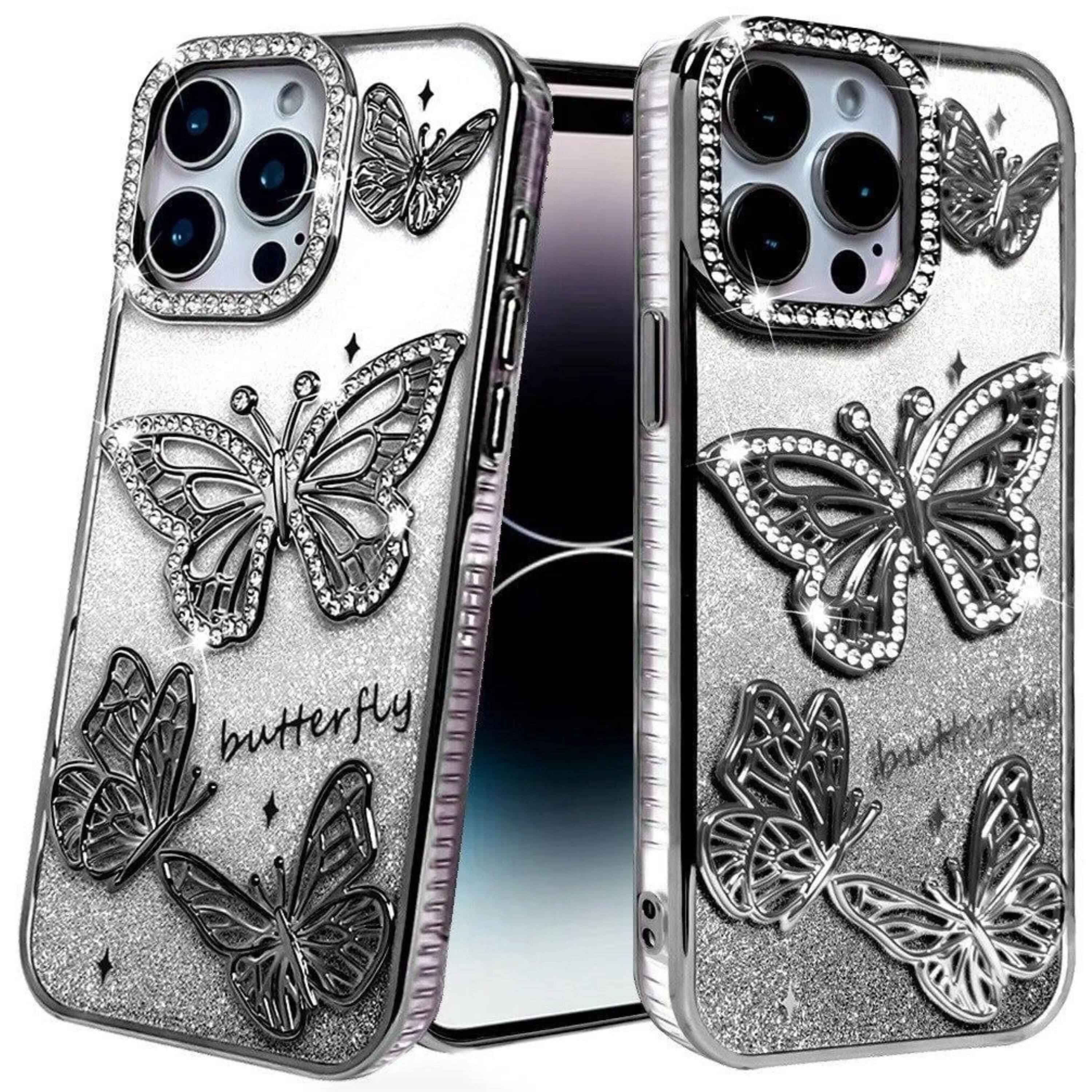 Front. Kitcheniva - Bling Butterflies 3D Glitter Phone Cover For iPhone 14 Pro Max Black - Black.
