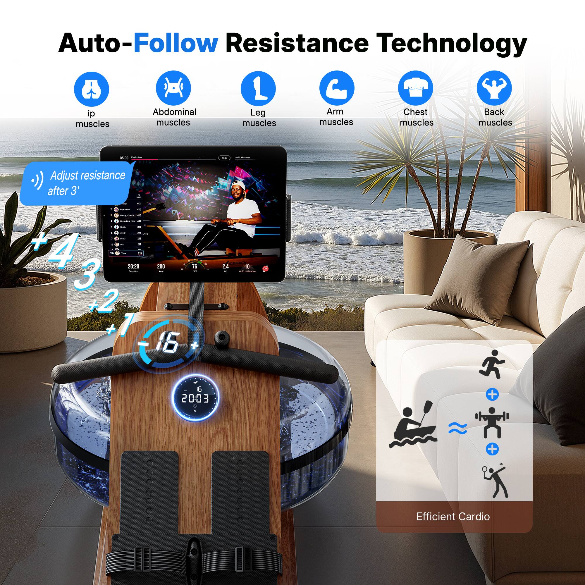 Auto-Follow Resistance Technology

- ip muscles
- Abdominal muscles
- Leg muscles
- Arm muscles
- Chest muscles
- Back muscles

Adjust resistance after 3'

Efficient Cardio