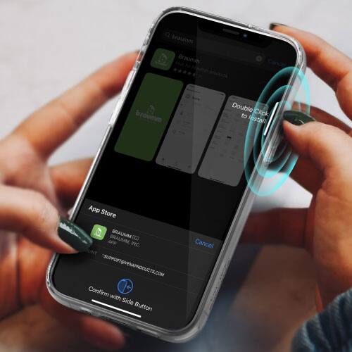 Braumm, Braumm, Double Click to Install, App Store, BRAUMM, BRAUMM, B0 APP INC., UNT SUPPORT@VENAPRODUCTS.COM, Confirm with Side Button, Cancel