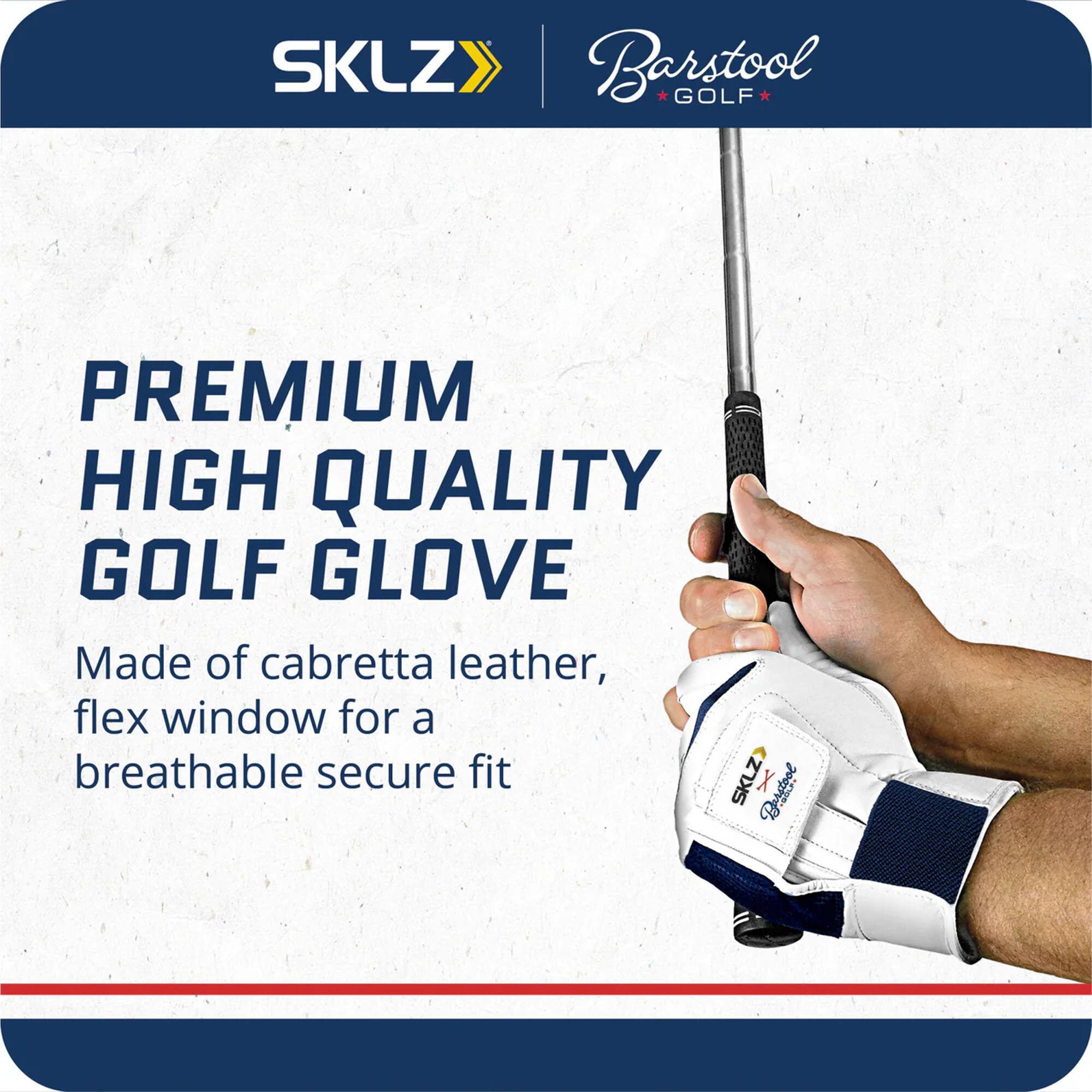 SKLZ Barstool GOLF PREMIUM HIGH QUALITY GOLF GLOVE  
Made of cabretta leather, flex window for a breathable secure fit  
SKLZ X Barstool