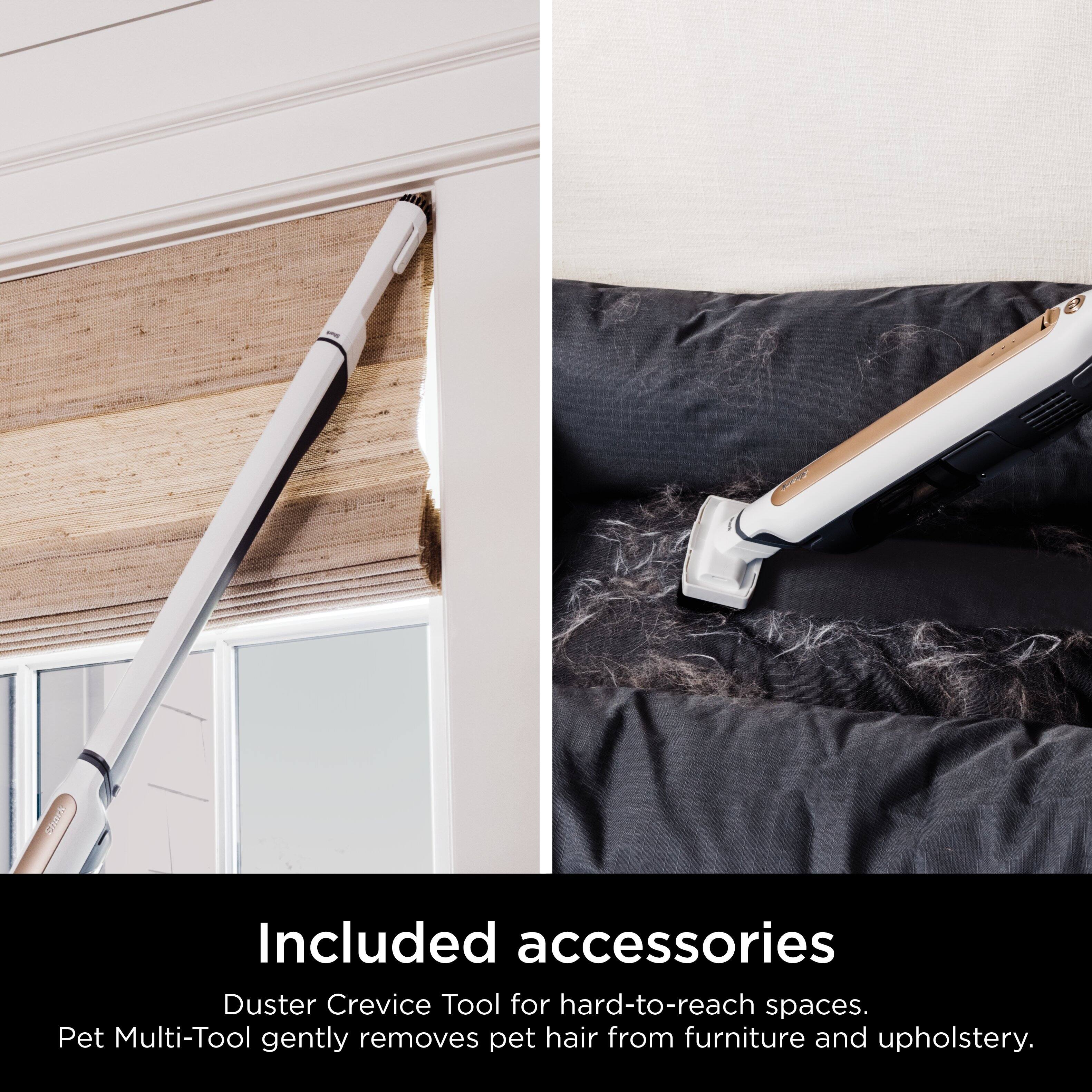 Included accessories: Duster Crevice Tool for hard-to-reach spaces. Pet Multi-Tool gently removes pet hair from furniture and upholstery.