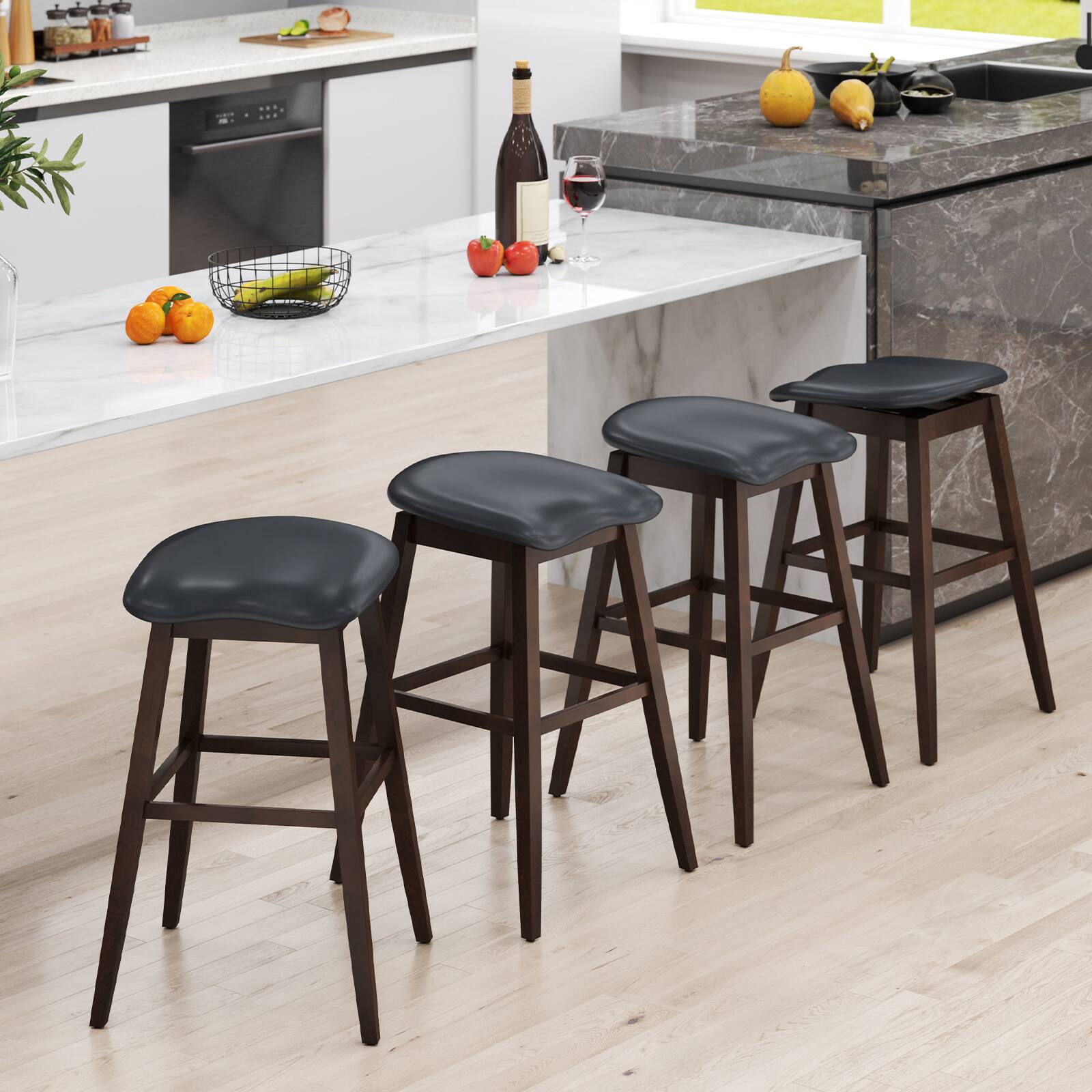 Alt View 8. Gymax - Gymax Set of 2 Swivel Bar Stools 31'' Bar Chairs w/ Padded Contoured Seat & Footrest - Black, Brown.