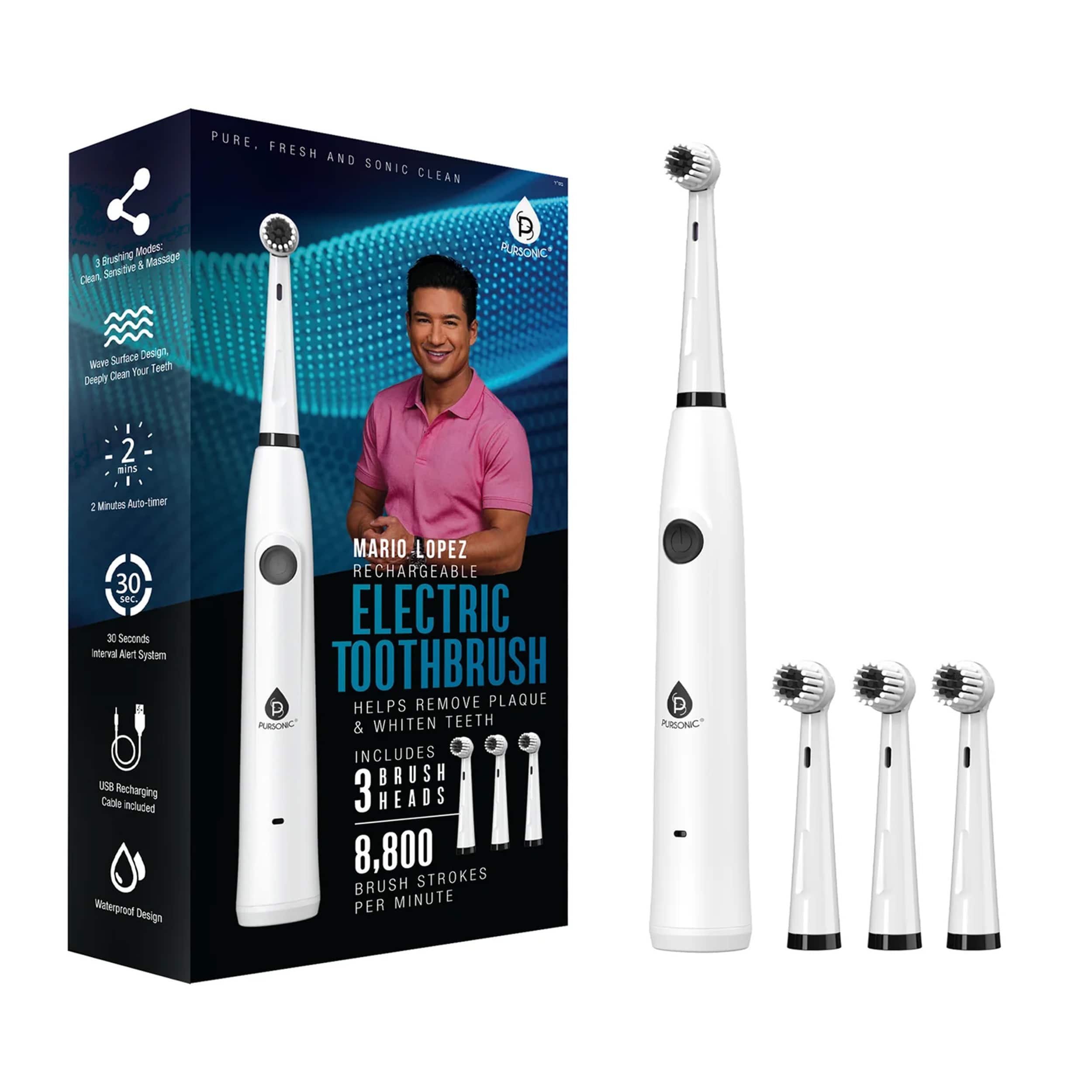 Pursonic - Mario Lopez Rechargeable USB Electric Toothbrush with 3 Brush Heads - White