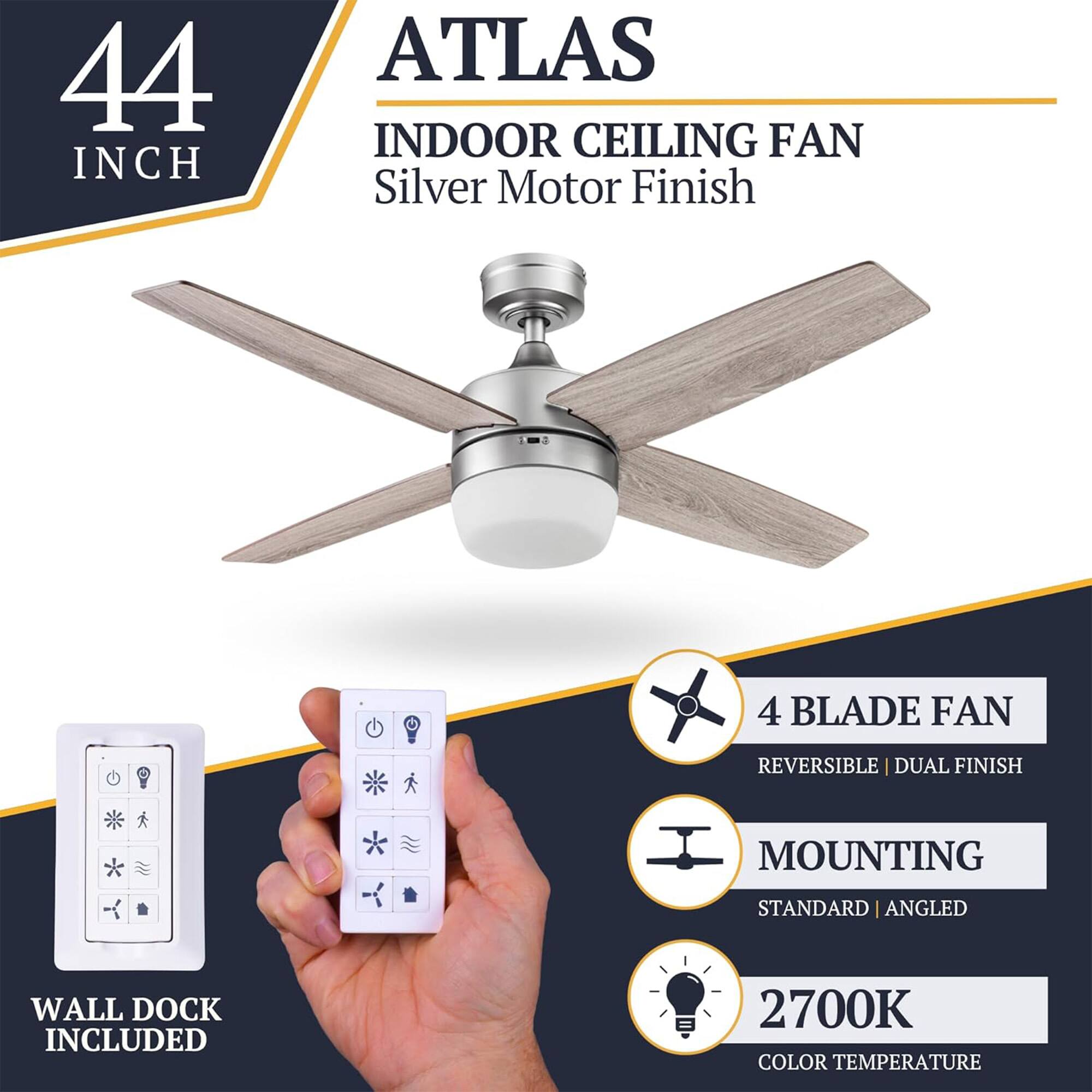 44 INCH ATLAS INDOOR CEILING FAN Silver Motor Finish 4 BLADE FAN REVERSIBLE | DUAL FINISH MOUNTING STANDARD | ANGLED WALL DOCK INCLUDED 2700K COLOR TEMPERATURE