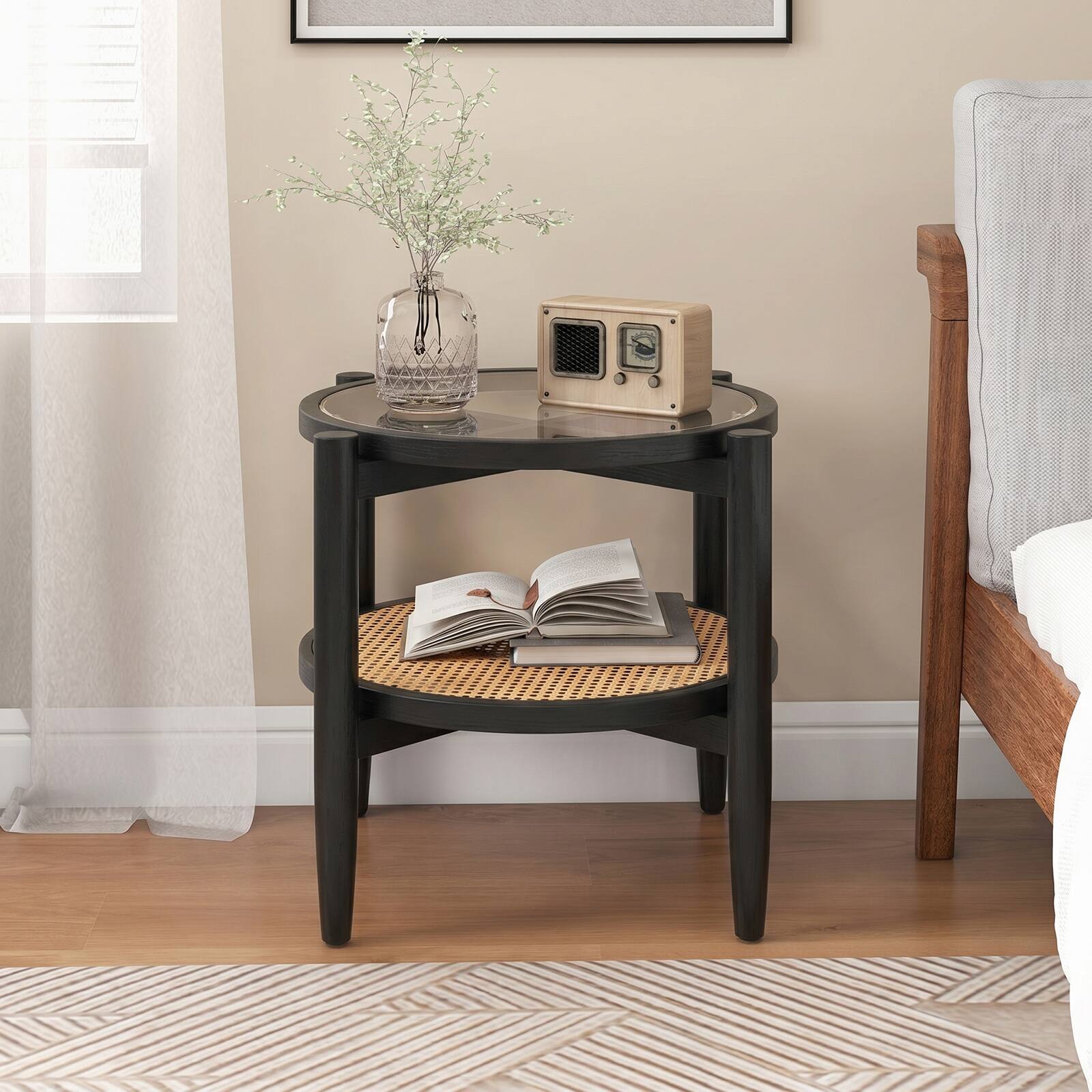 Alt View 5. Gymax - Gymax 2-Tier Round Side End Table PE Rattan Sofa Nightstand Tempered Glass Tabletop - Black.