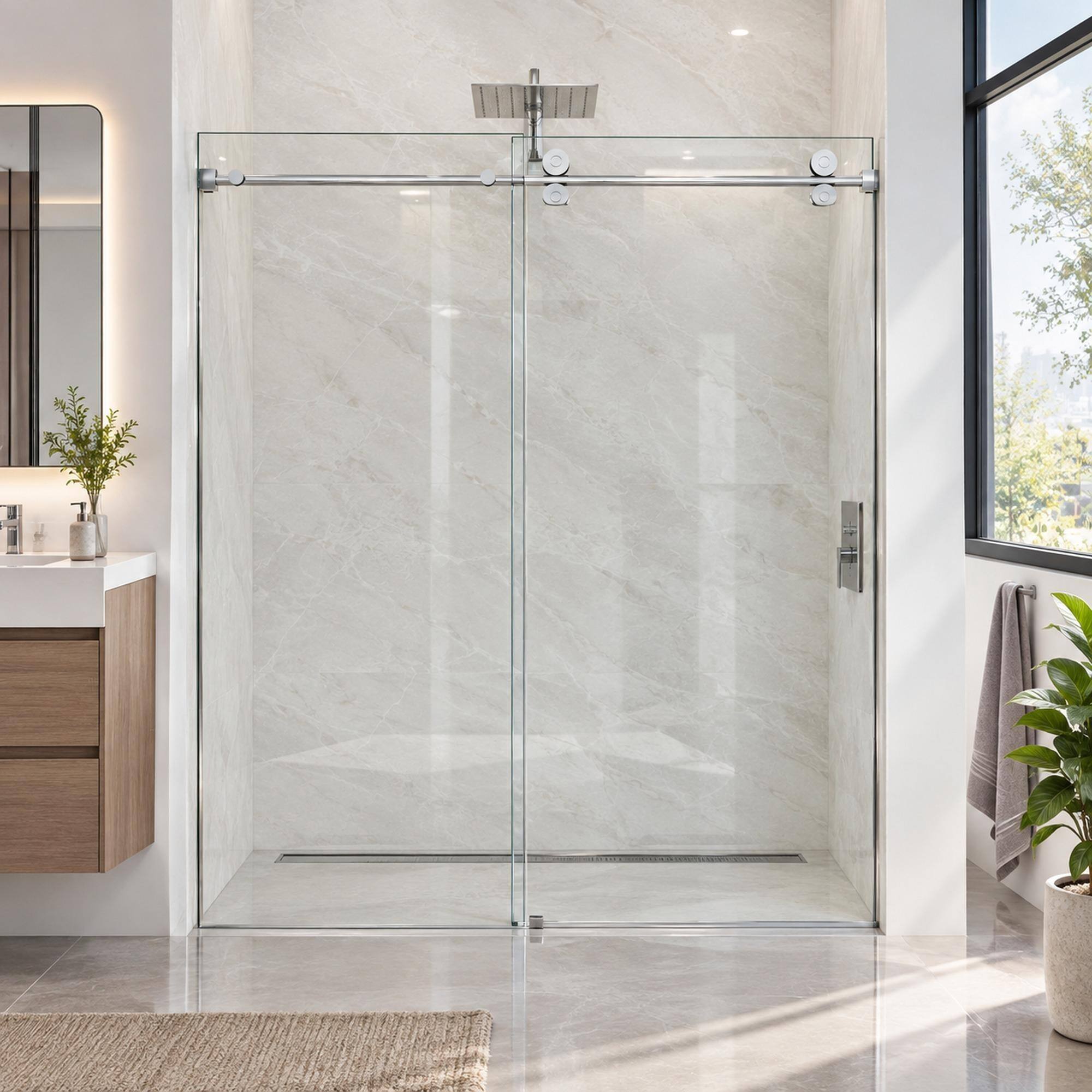 Front. RYHNUYNE - 44-48 In W X 76 In H Frameless Single Sliding Shower Door, 5/16 In Clear Tempered Glass Chrome Finish - Chrome.