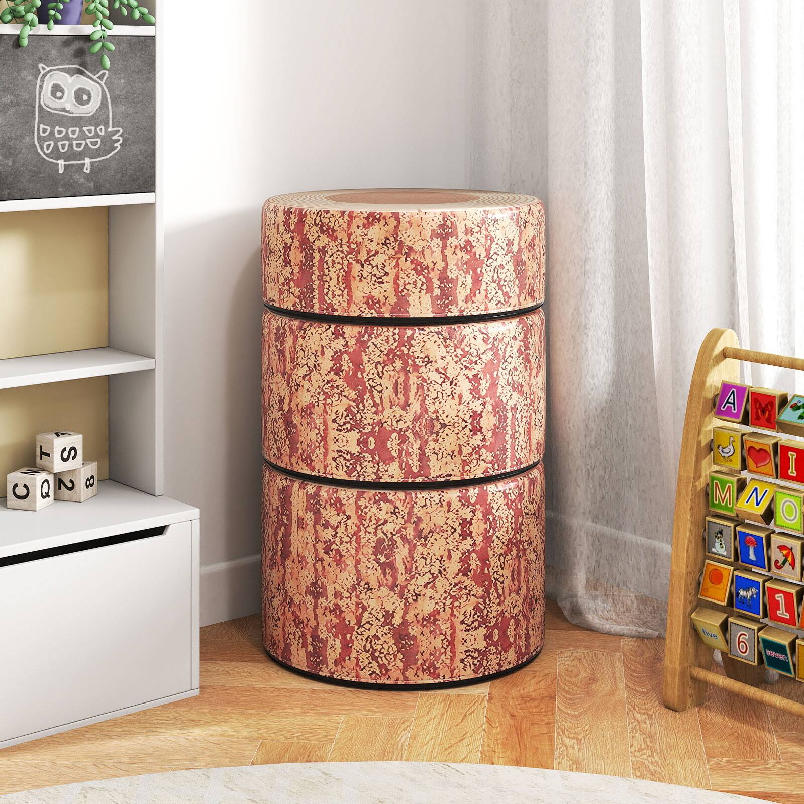 Alt View 4. Gymax - Gymax 3 PCS Tree Stump Stool Set w/Wood Printing Nature Decoration & Different Height Multicolor - Brown.